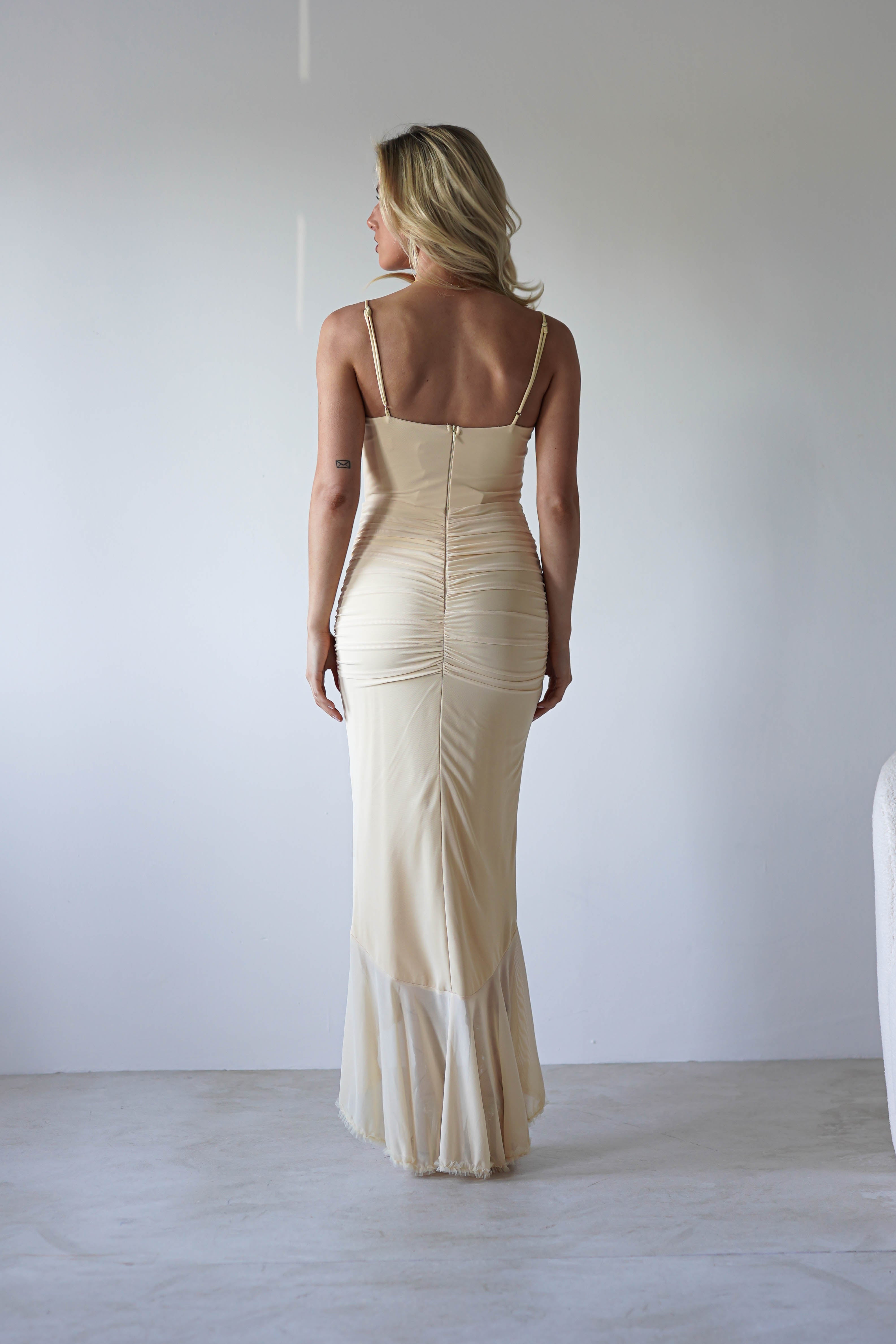 Liliana Mesh Ruched Midaxi Dress | Light Yellow | Oh Hello Clothing | XS (6)