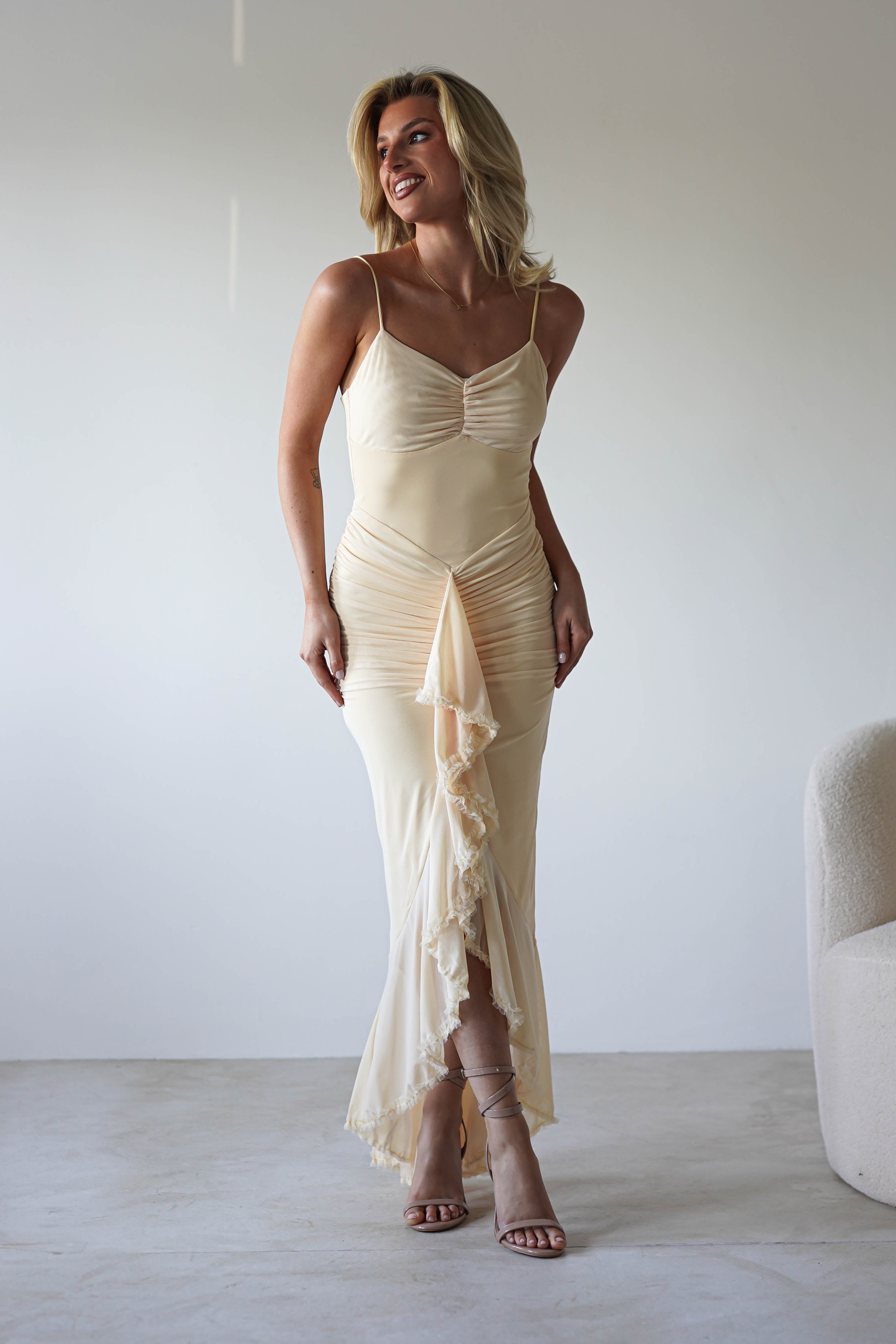 Liliana Mesh Ruched Midaxi Dress | Light Yellow | Oh Hello Clothing | XS (6)