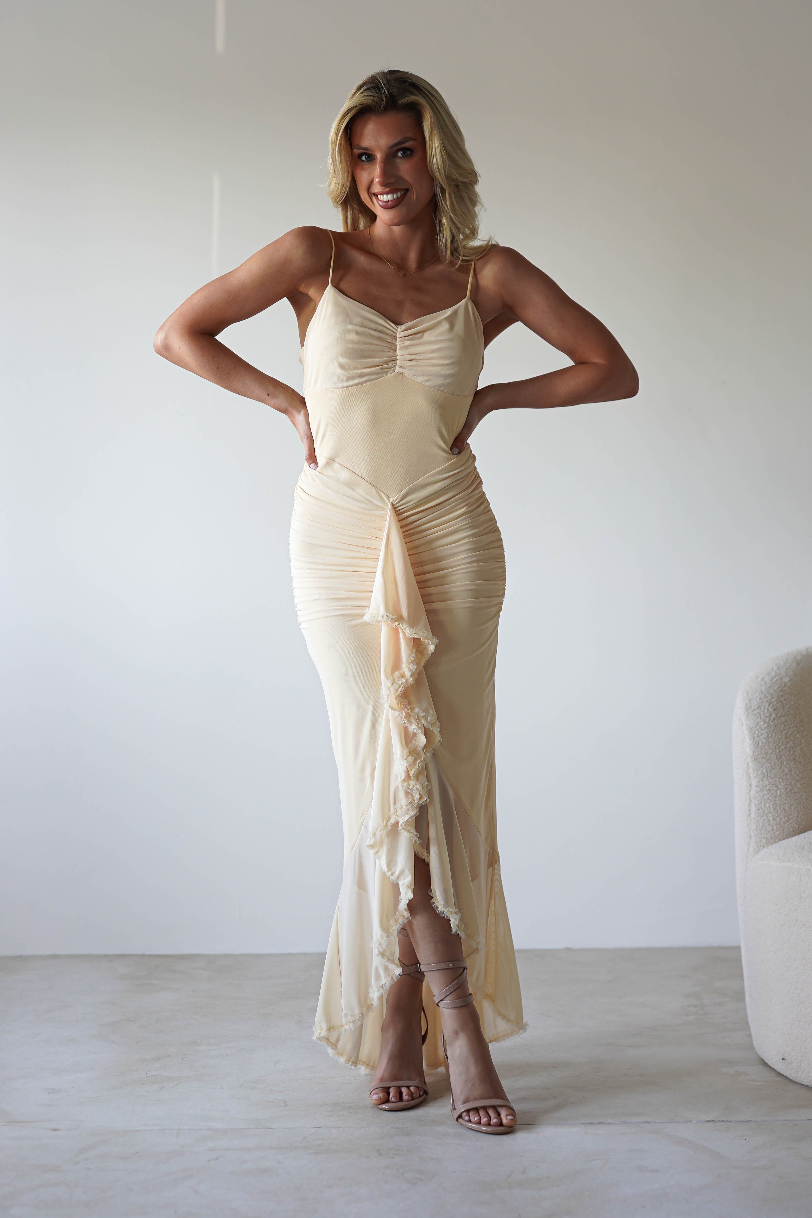 Liliana Mesh Ruched Midaxi Dress | Light Yellow | Oh Hello Clothing | XS (6)