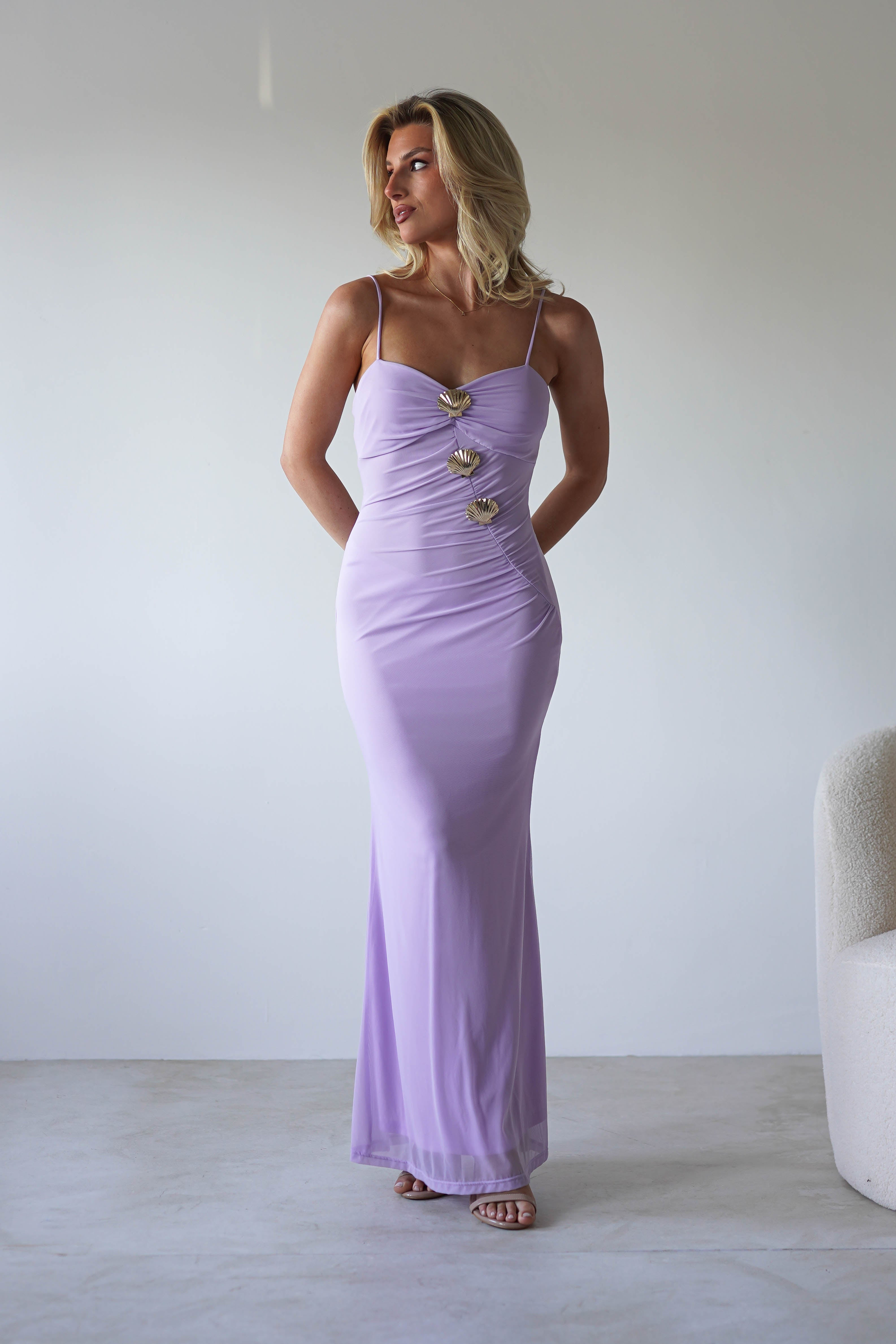 Melrose Mesh Shell Detail Maxi Dress | Lilac | Oh Hello Clothing | XS (6)