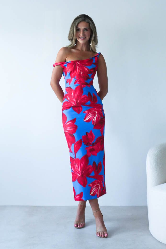 Elliot Floral Print Midi Dress | Blue/Red | Oh Hello Clothing | XS (6)