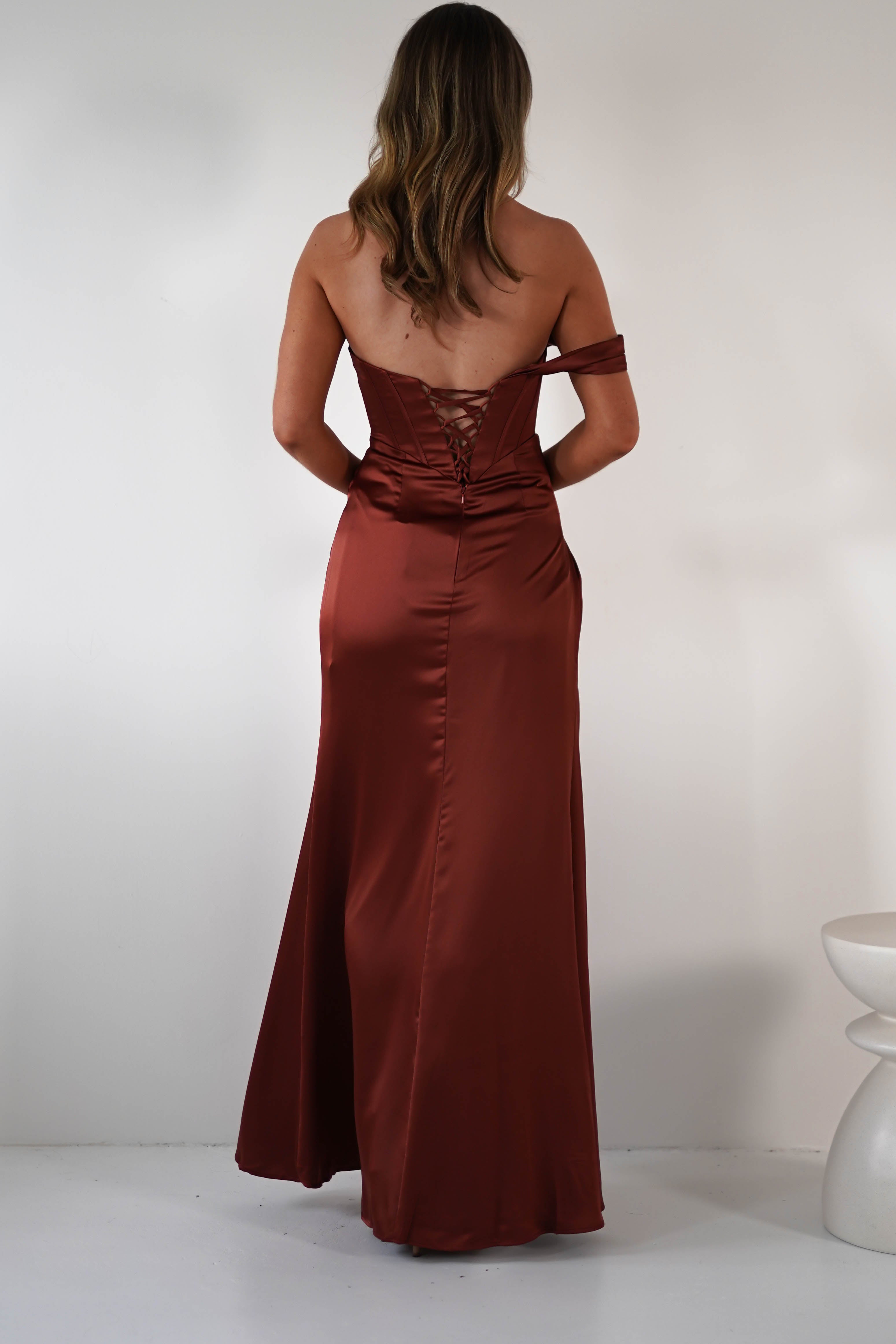 Nicolette Soft Satin Maxi Gown | Rust | Oh Hello Clothing | XS (6)