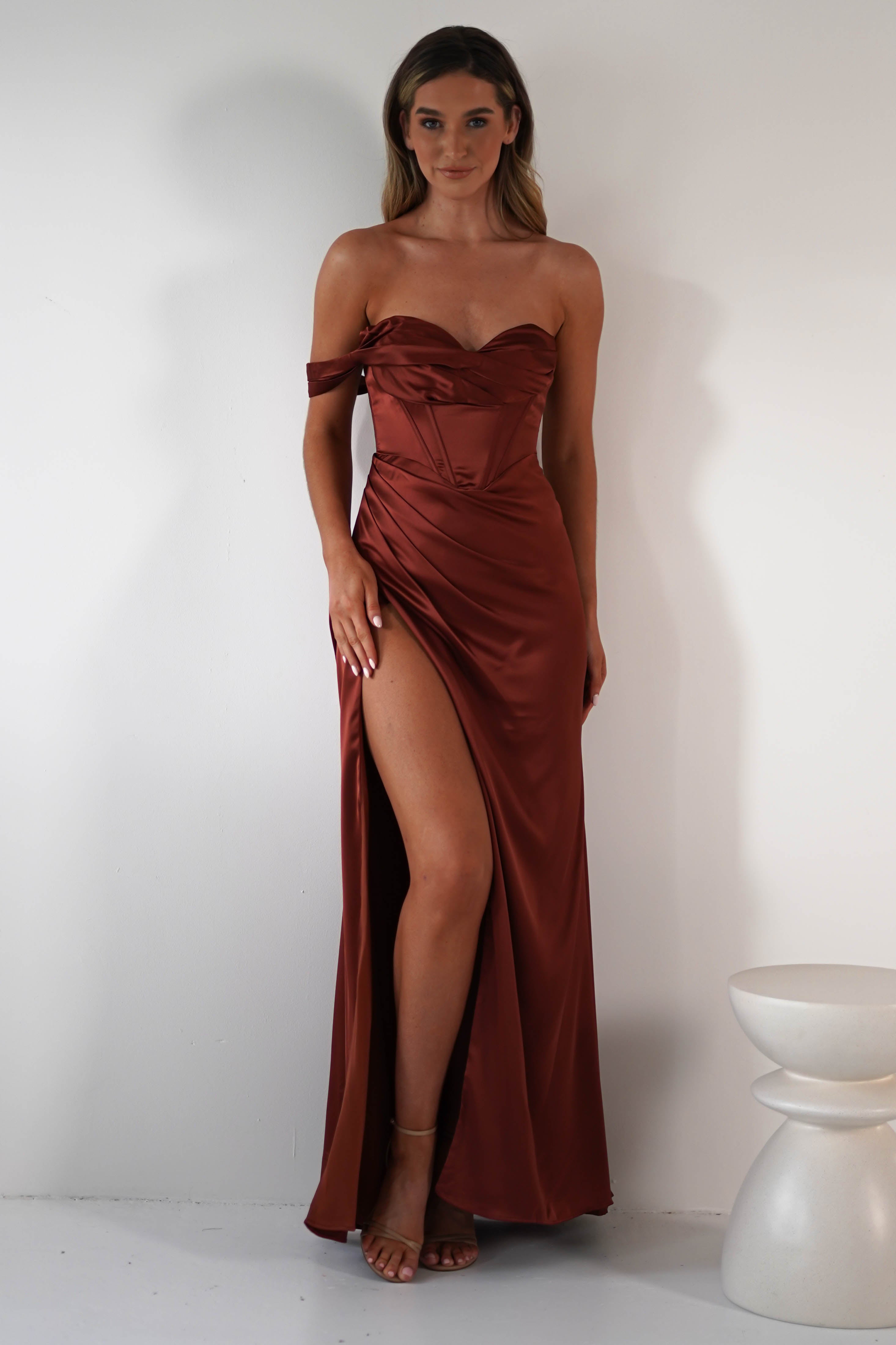 Nicolette Soft Satin Maxi Gown | Rust | Oh Hello Clothing | XS (6)