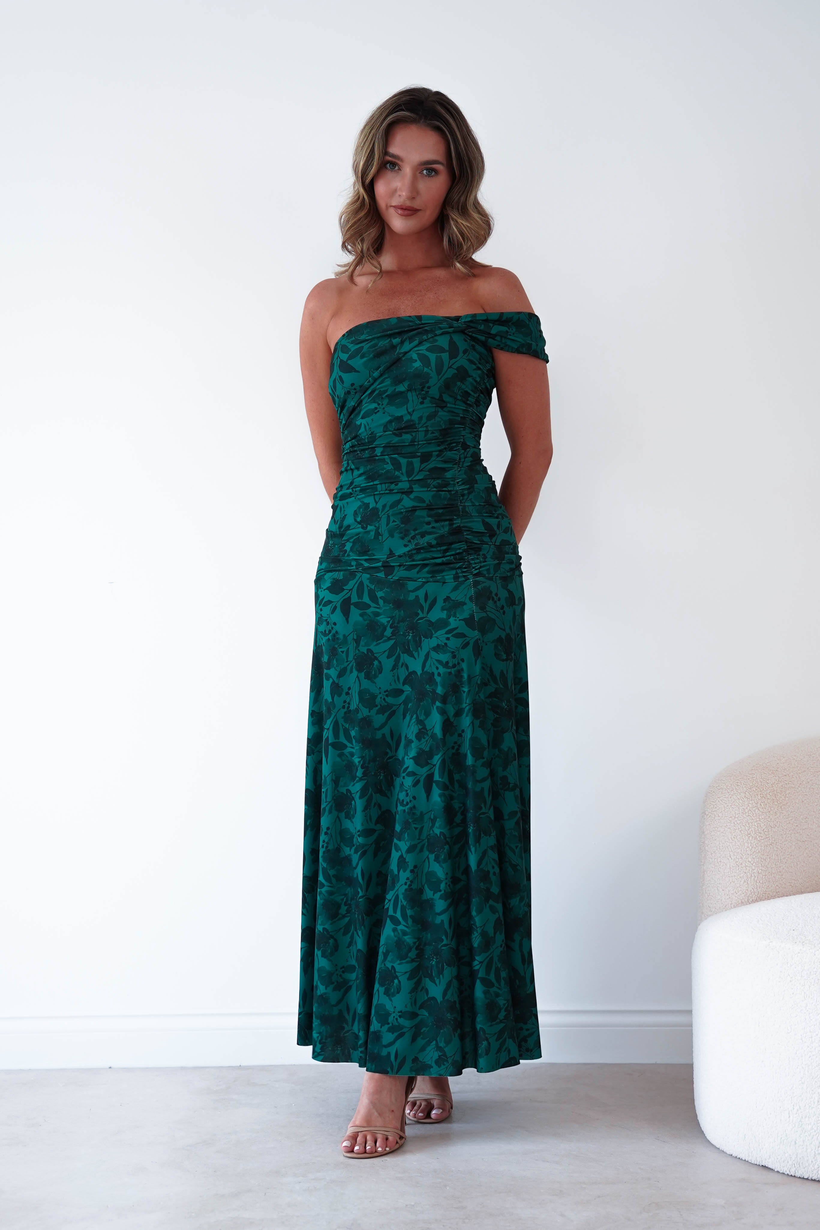 Oh Hello Clothing Women > Clothing > Dresses 1*DONE-ALBARAN- ALL ONE SIZE-Emerald Floral Ruched Maxi Skirt