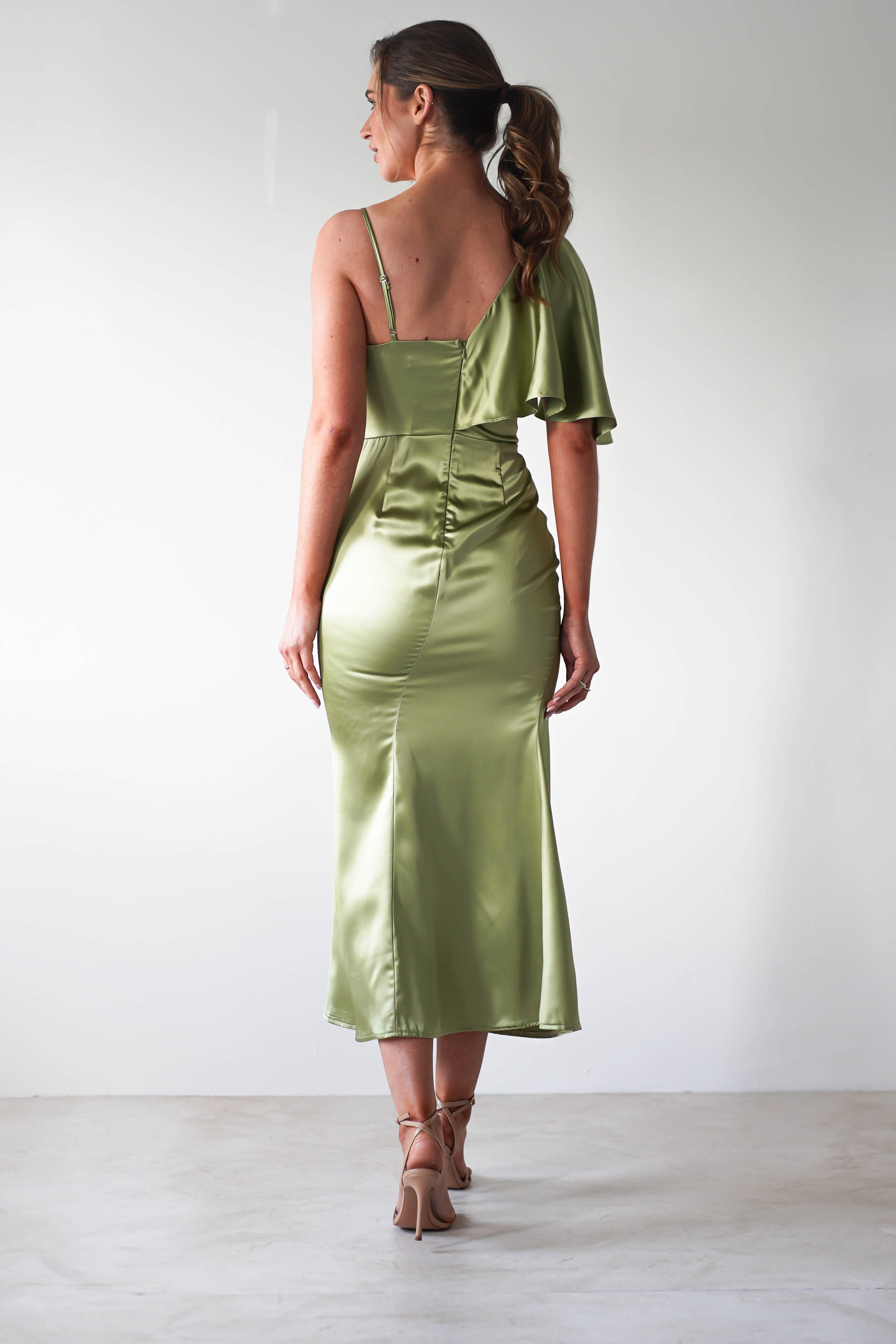 Esme Satin Midaxi Dress | Lime Green - Oh Hello Clothing
