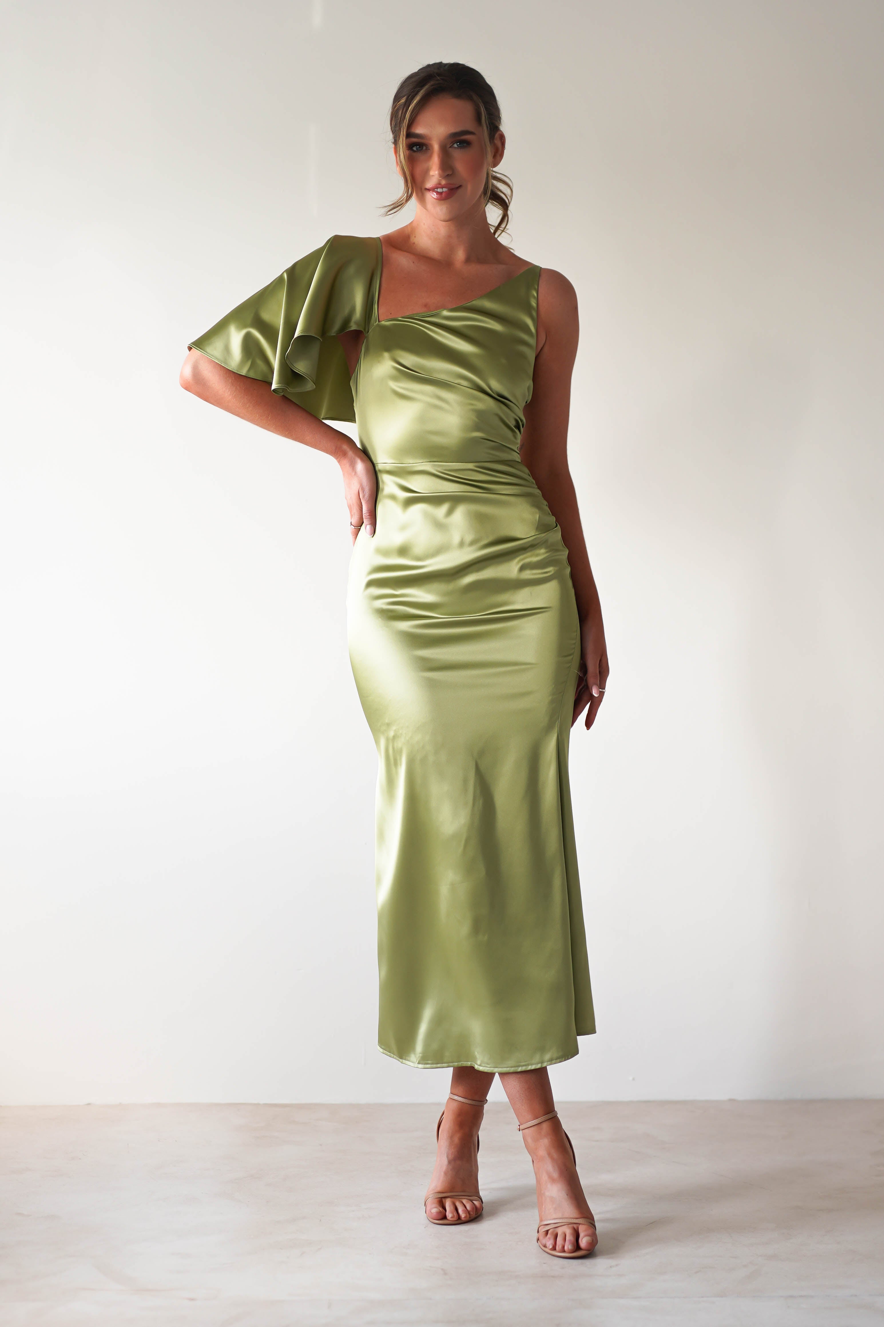 Esme Satin Midaxi Dress | Lime Green - Oh Hello Clothing