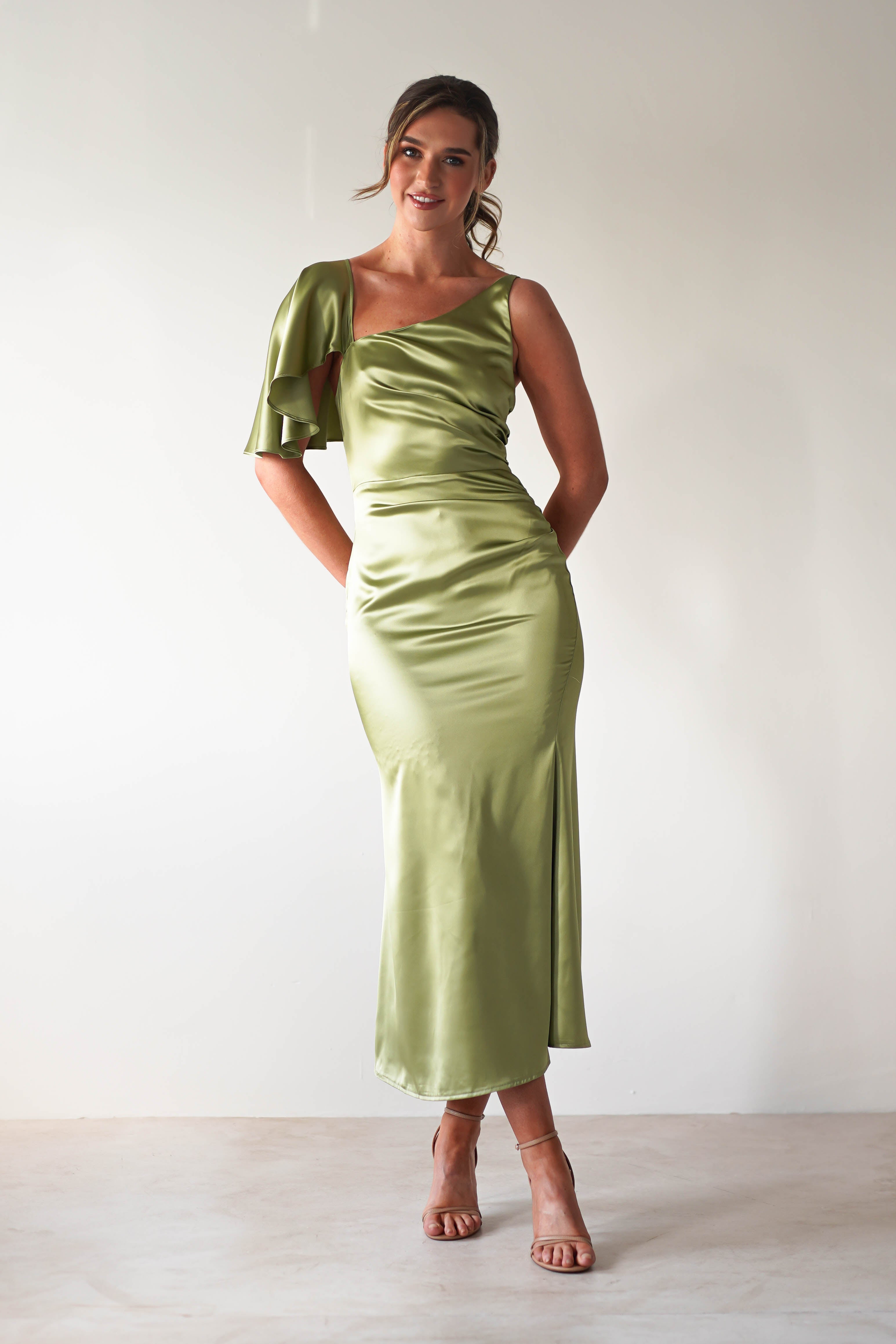Esme Satin Midaxi Dress | Lime Green - Oh Hello Clothing