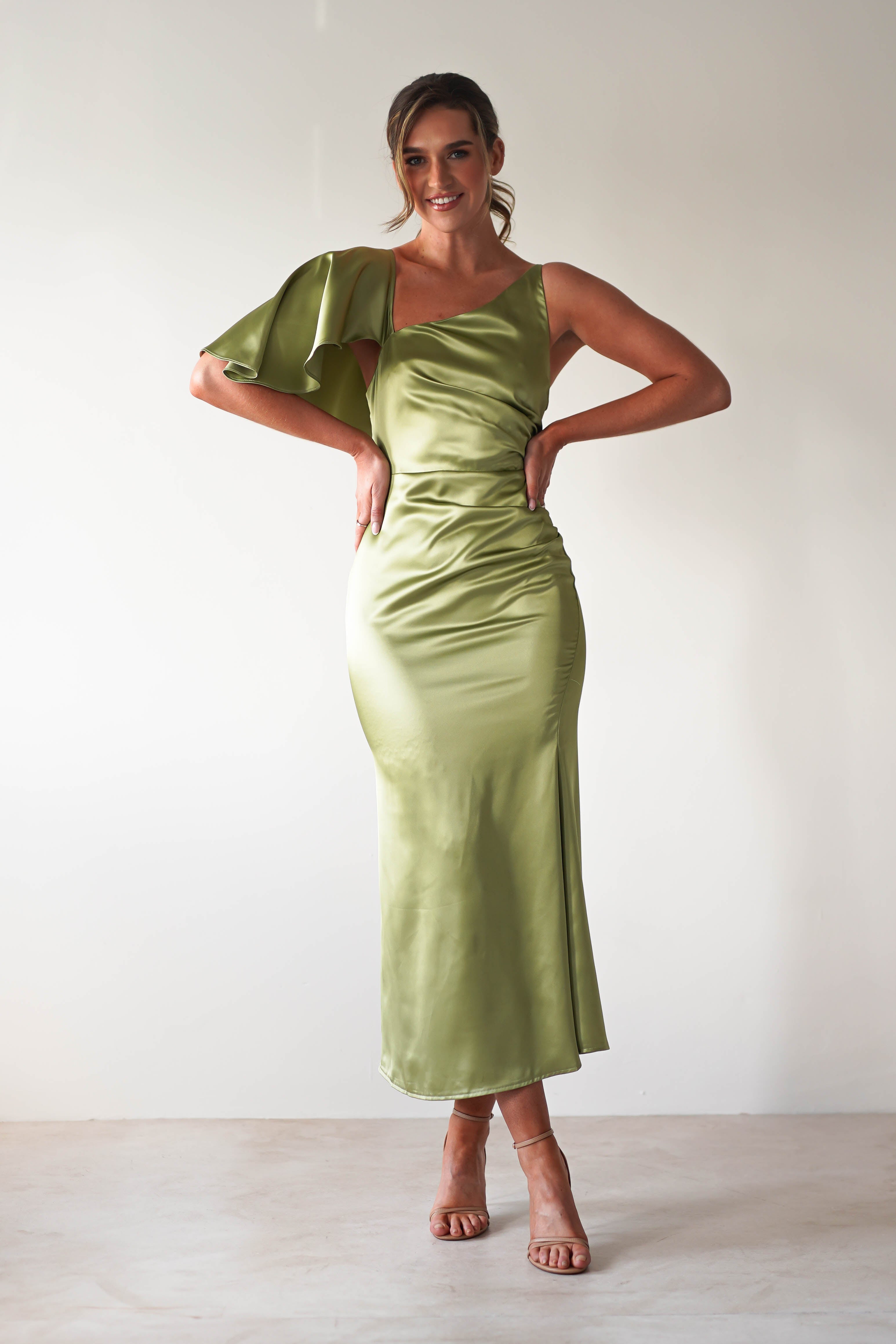 Esme Satin Midaxi Dress | Lime Green - Oh Hello Clothing