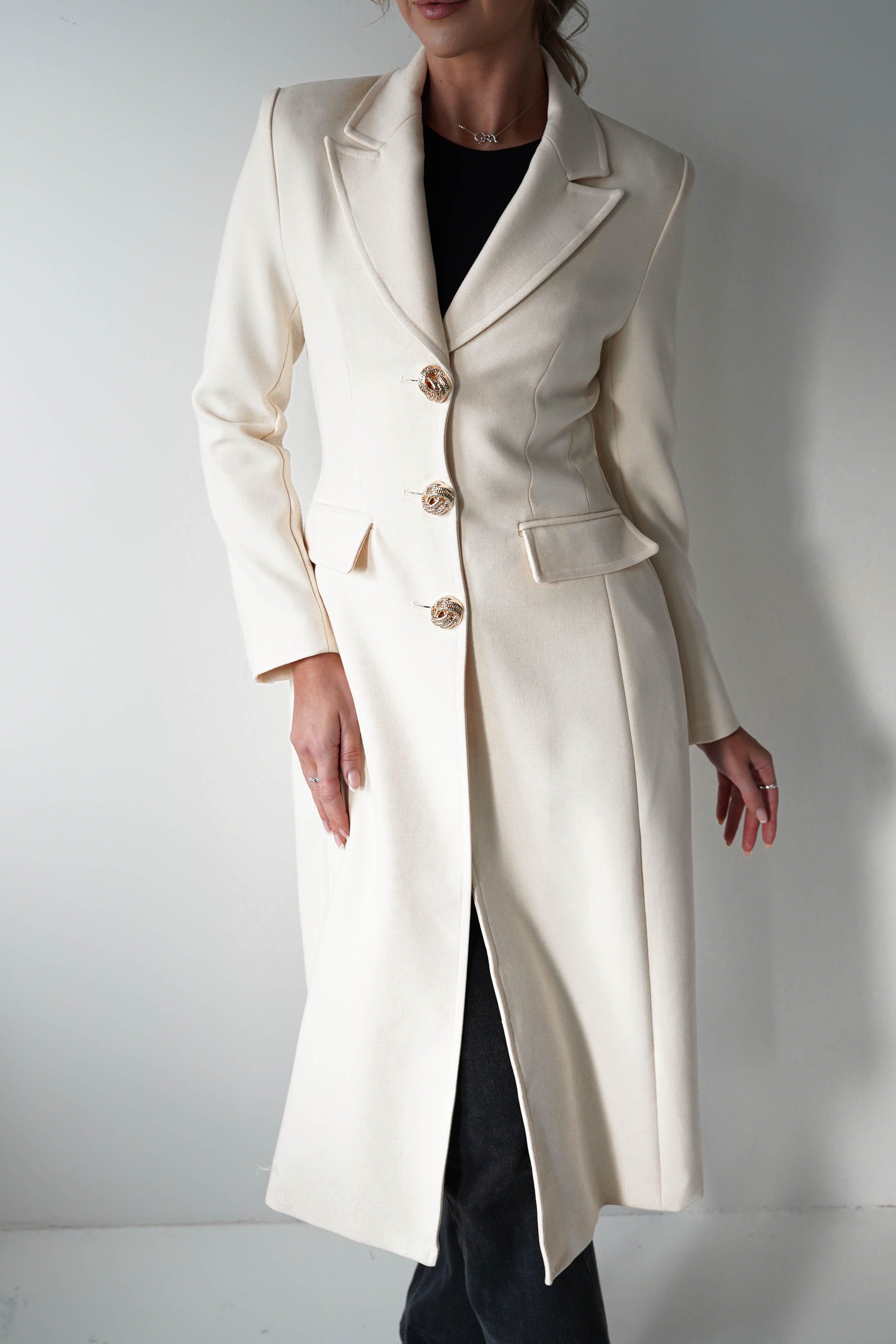 Oh Hello Clothing Blazer & Coats 1*DONE-ATTENTIF-V-2515- CREAM LONG COAT