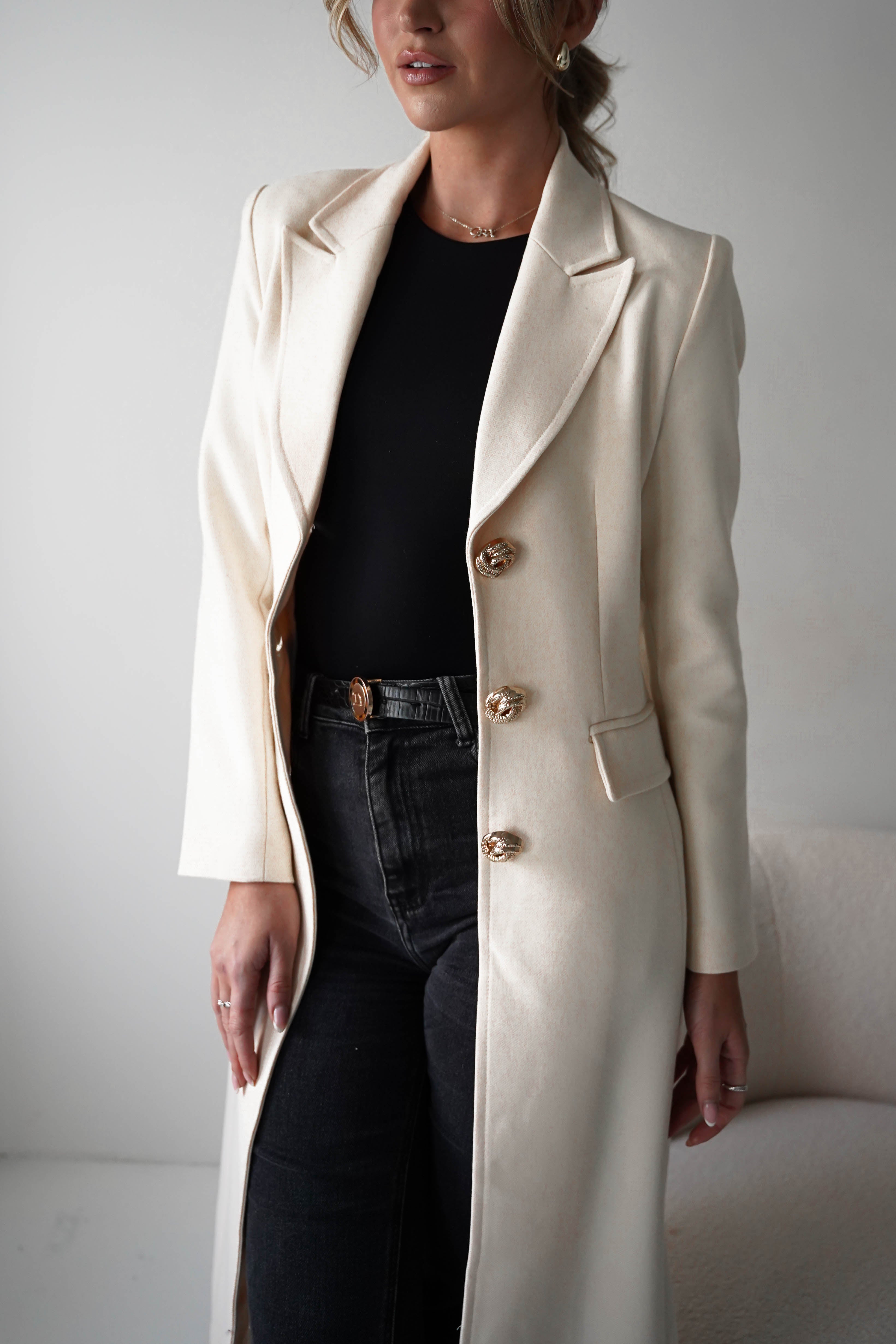 Oh Hello Clothing Blazer & Coats 1*DONE-ATTENTIF-V-2515- CREAM LONG COAT