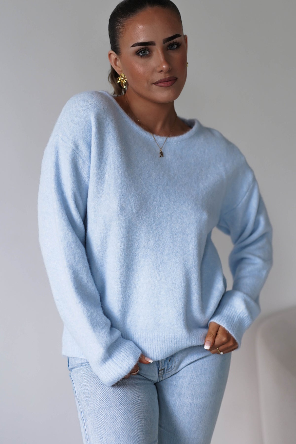 Oh Hello Clothing Women > Clothing > Knitwear ONE SIZE (6/12) 1*DONE- AZAKA-AT9460-BLUE jumper with lace back and bow detail.