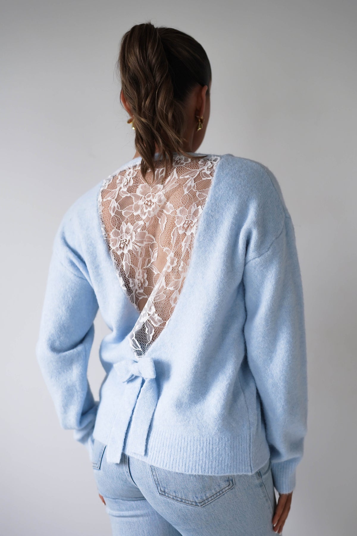 Oh Hello Clothing Women > Clothing > Knitwear ONE SIZE (6/12) 1*DONE- AZAKA-AT9460-BLUE jumper with lace back and bow detail.