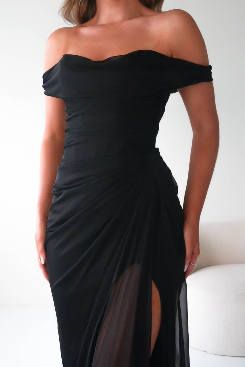 Oh Hello Clothing Dresses 1*Done-Berkley Draped Mesh Corset Maxi Gown | black