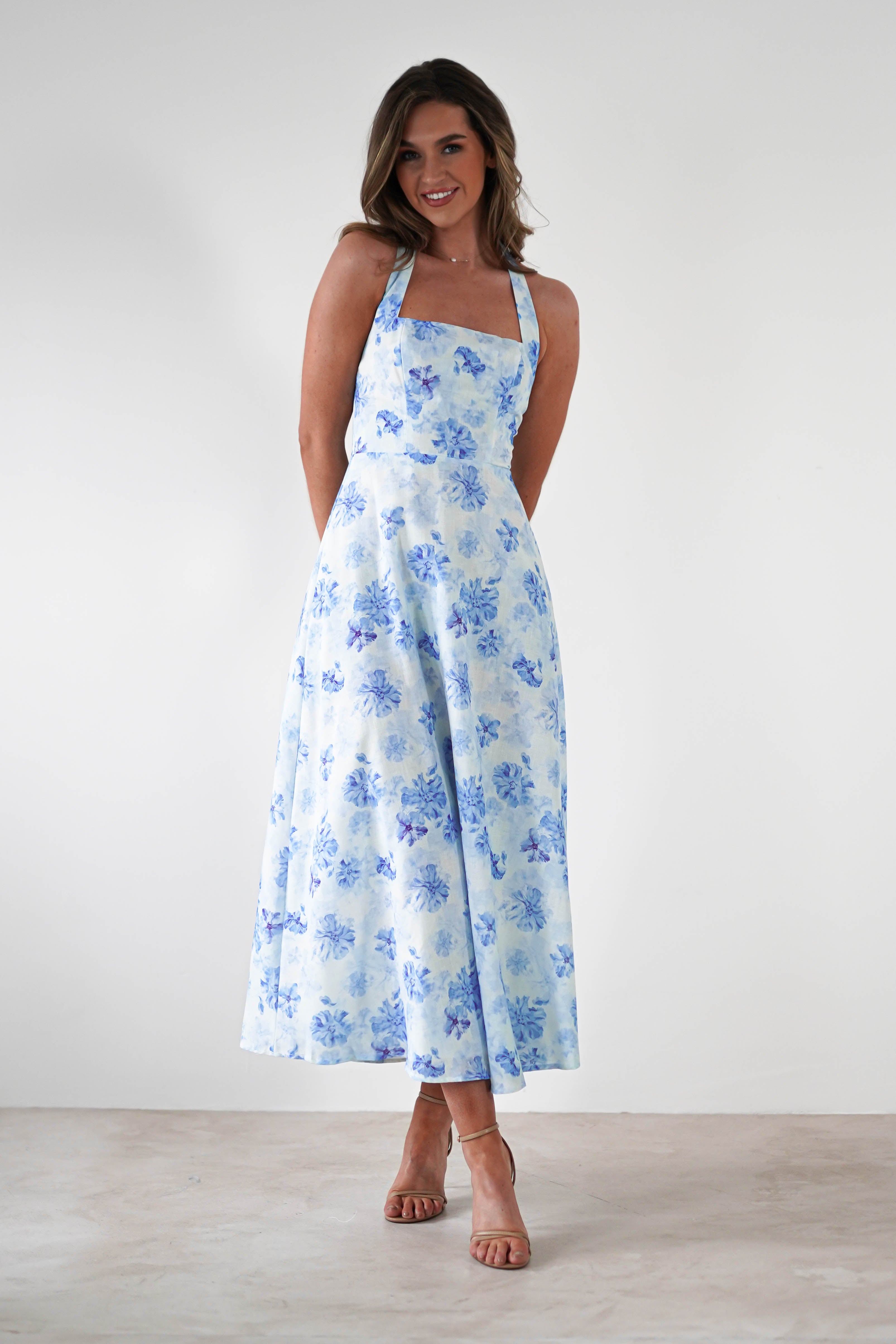 Suzette Floral Skater Maxi Dress | Blue/White | Oh Hello Clothing | XS (6)