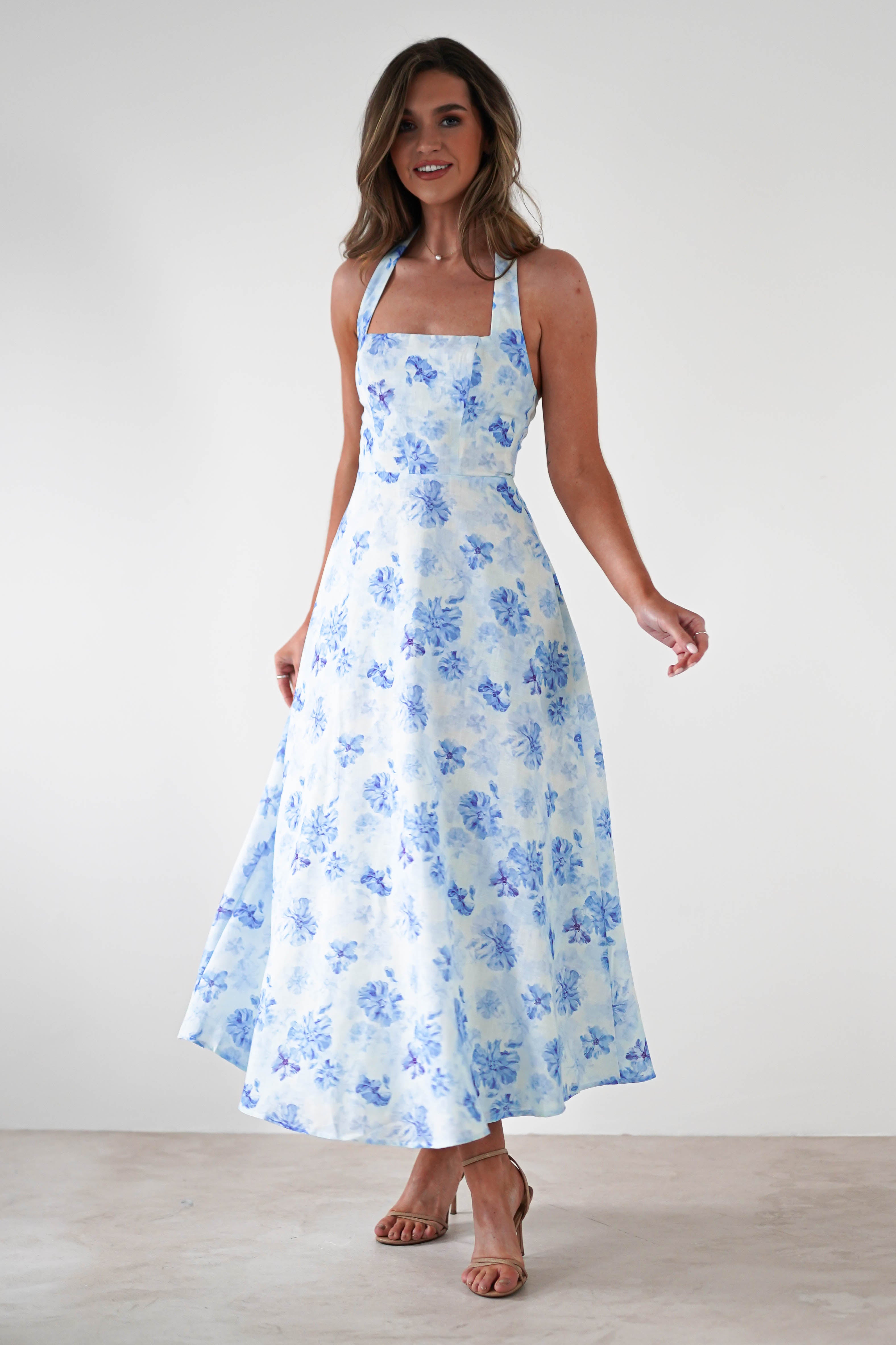 Suzette Floral Skater Maxi Dress | Blue/White | Oh Hello Clothing | XS (6)