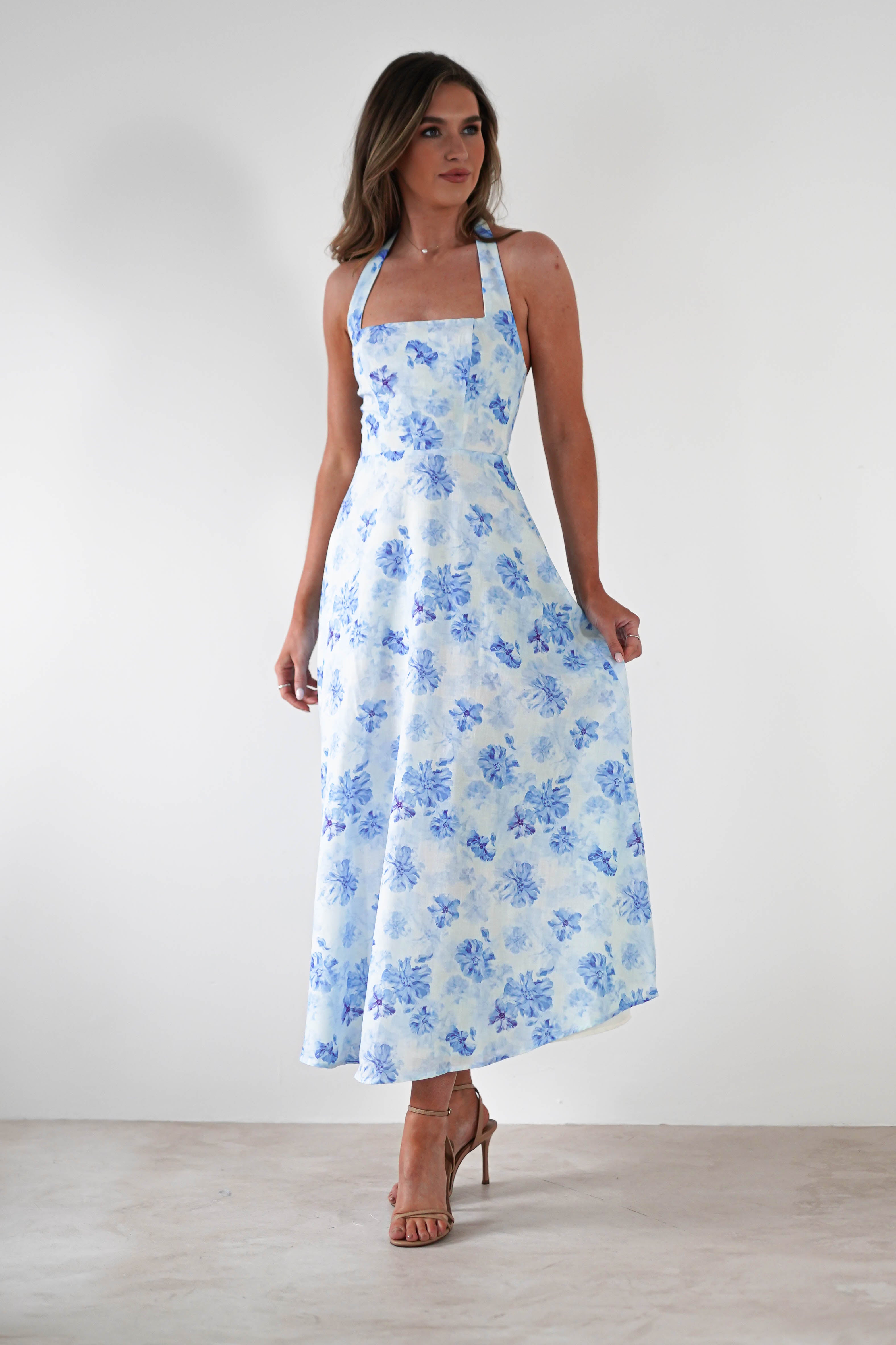 Suzette Floral Skater Maxi Dress | Blue/White | Oh Hello Clothing | XS (6)