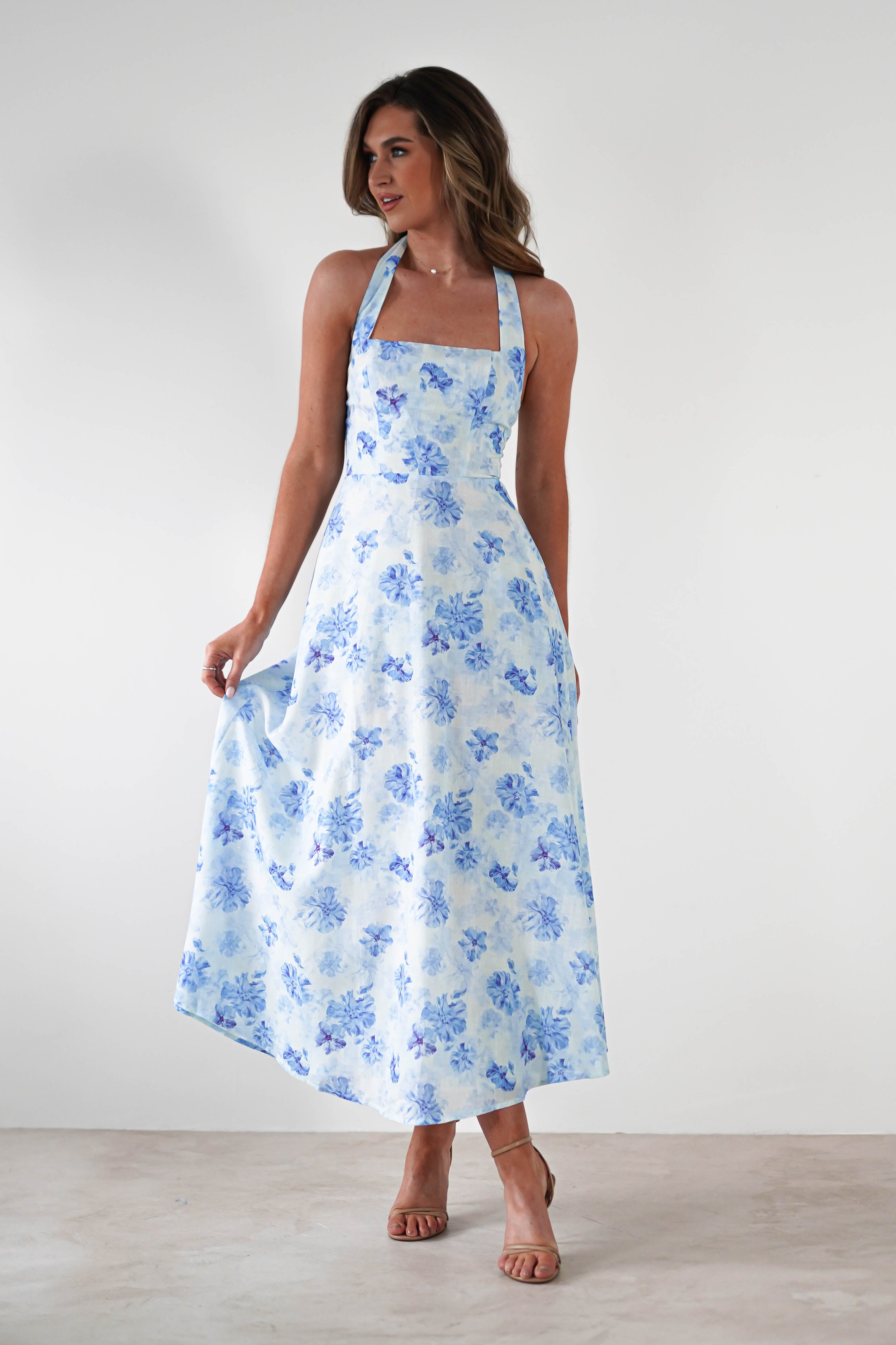 Suzette Floral Skater Maxi Dress | Blue/White | Oh Hello Clothing | XS (6)