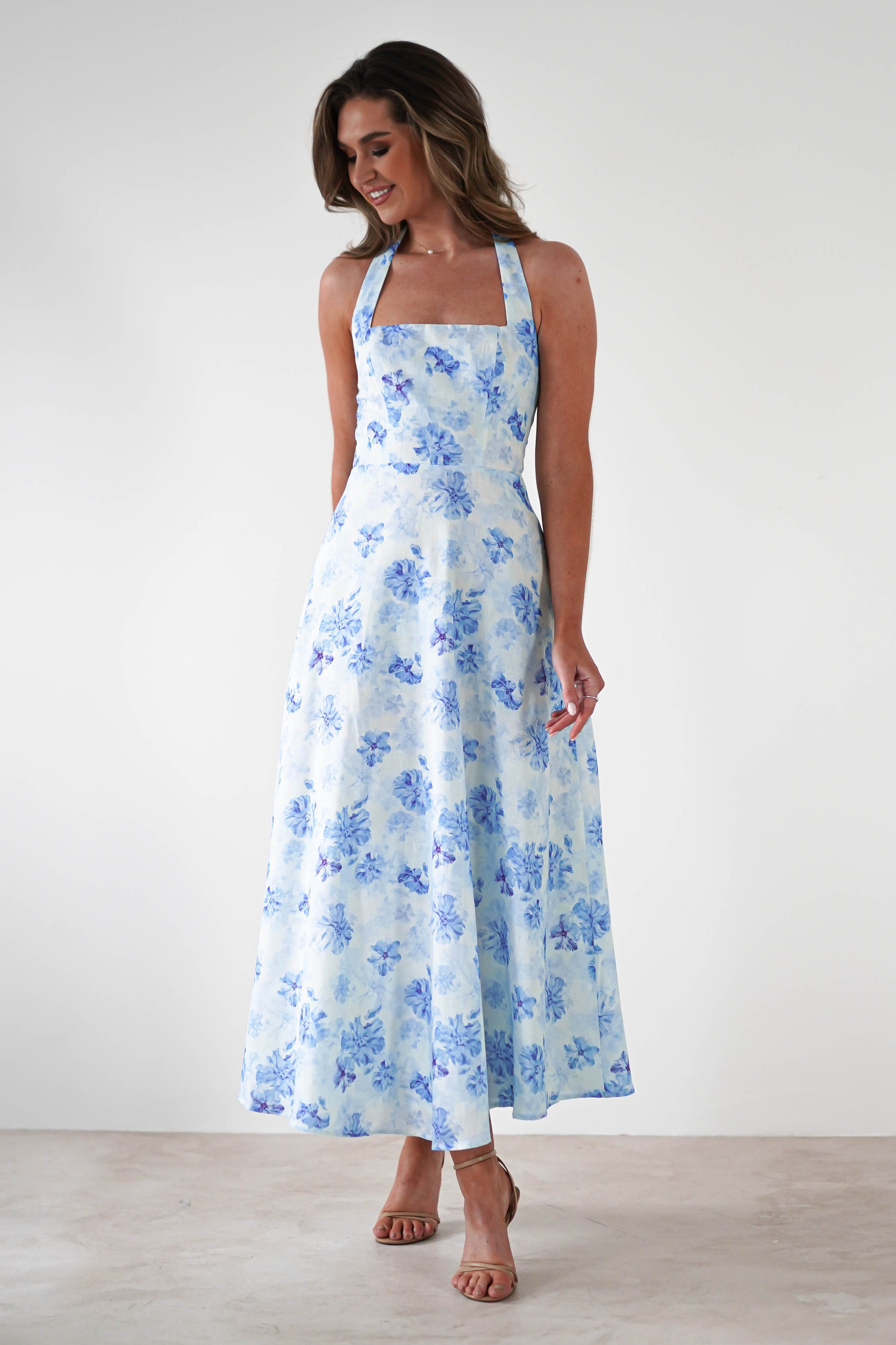 Suzette Floral Skater Maxi Dress | Blue/White | Oh Hello Clothing | XS (6)