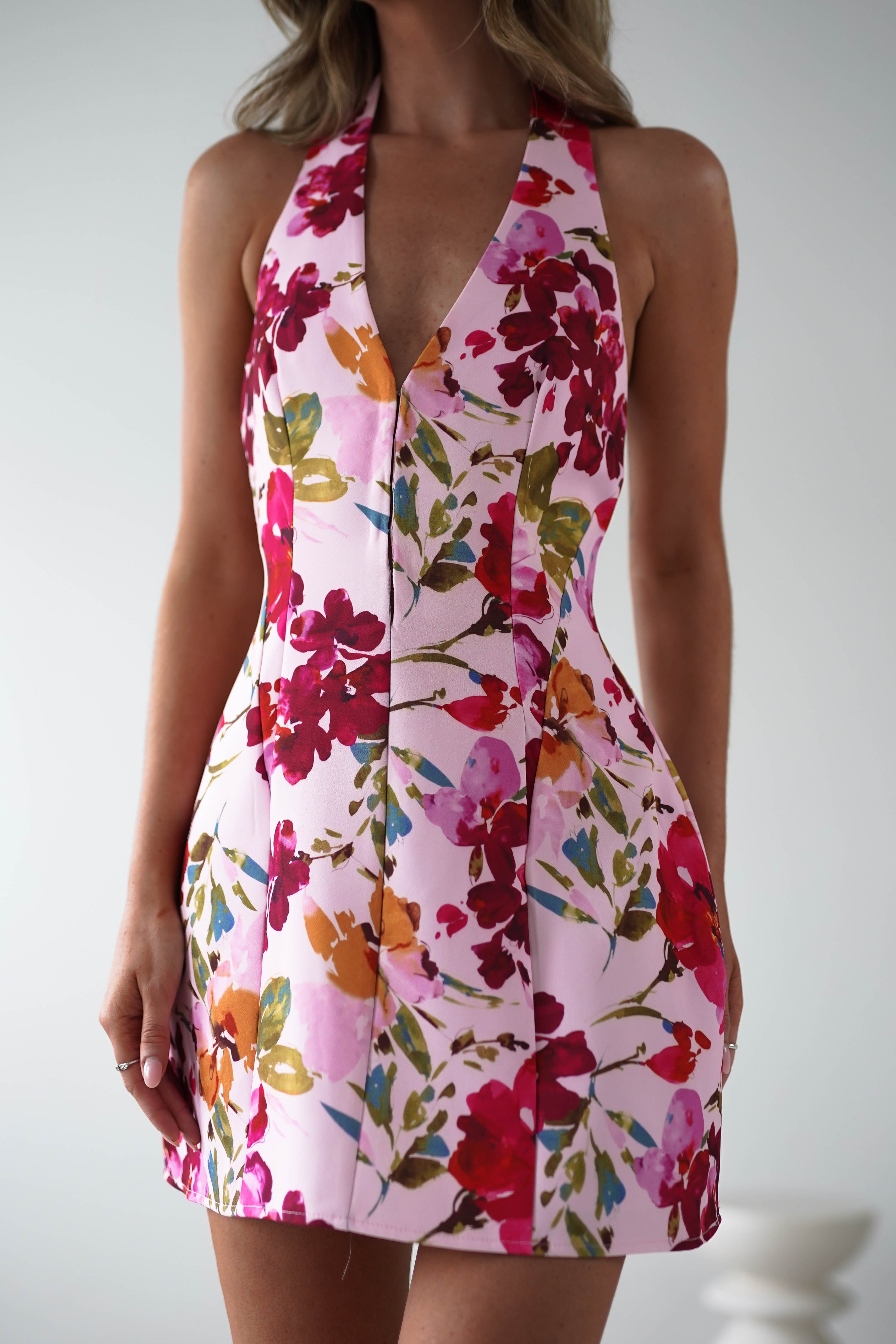 Juliet Halter Neck Floral Mini Dress | Pink | Oh Hello Clothing | XS (6)