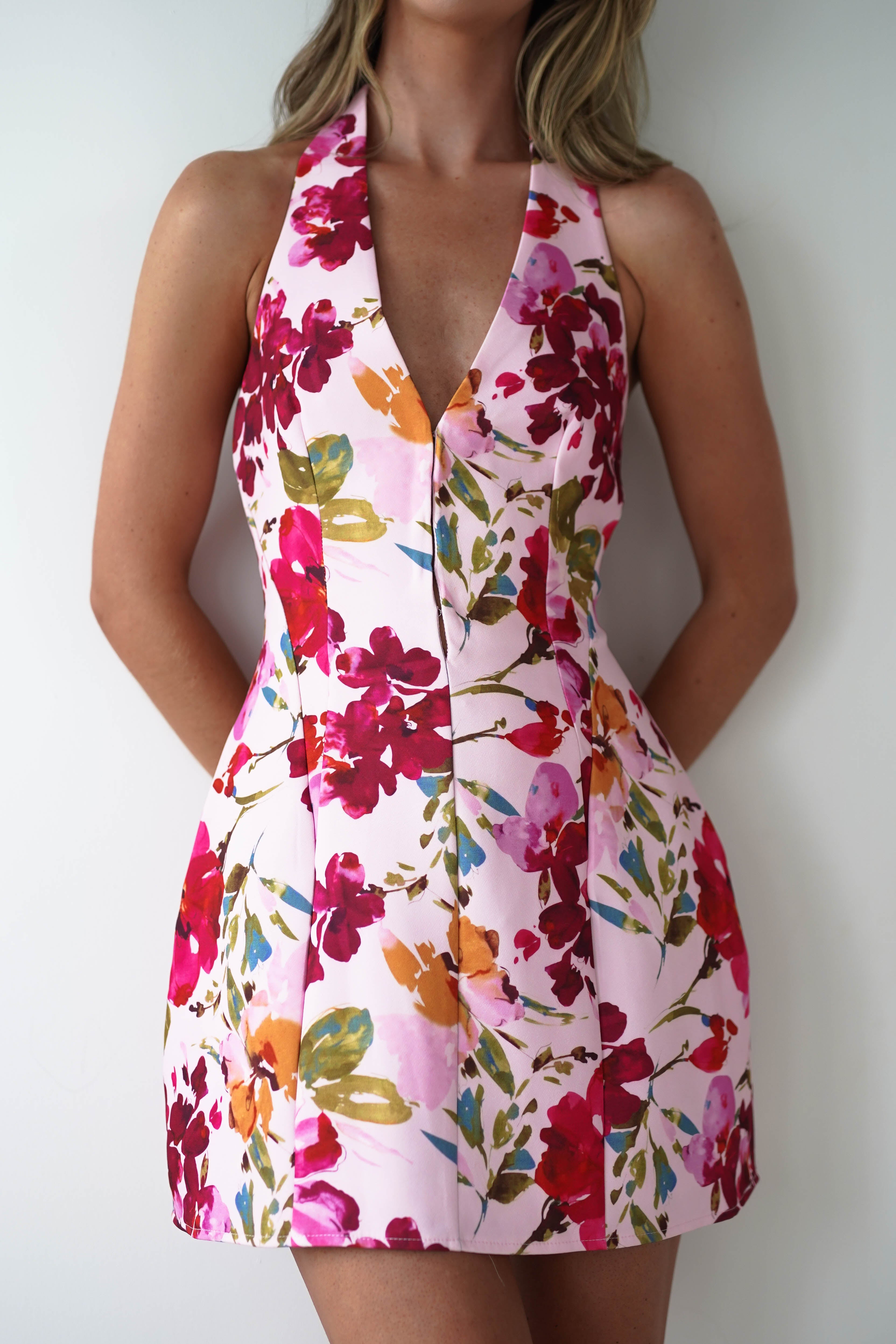 Juliet Halter Neck Floral Mini Dress | Pink | Oh Hello Clothing | XS (6)