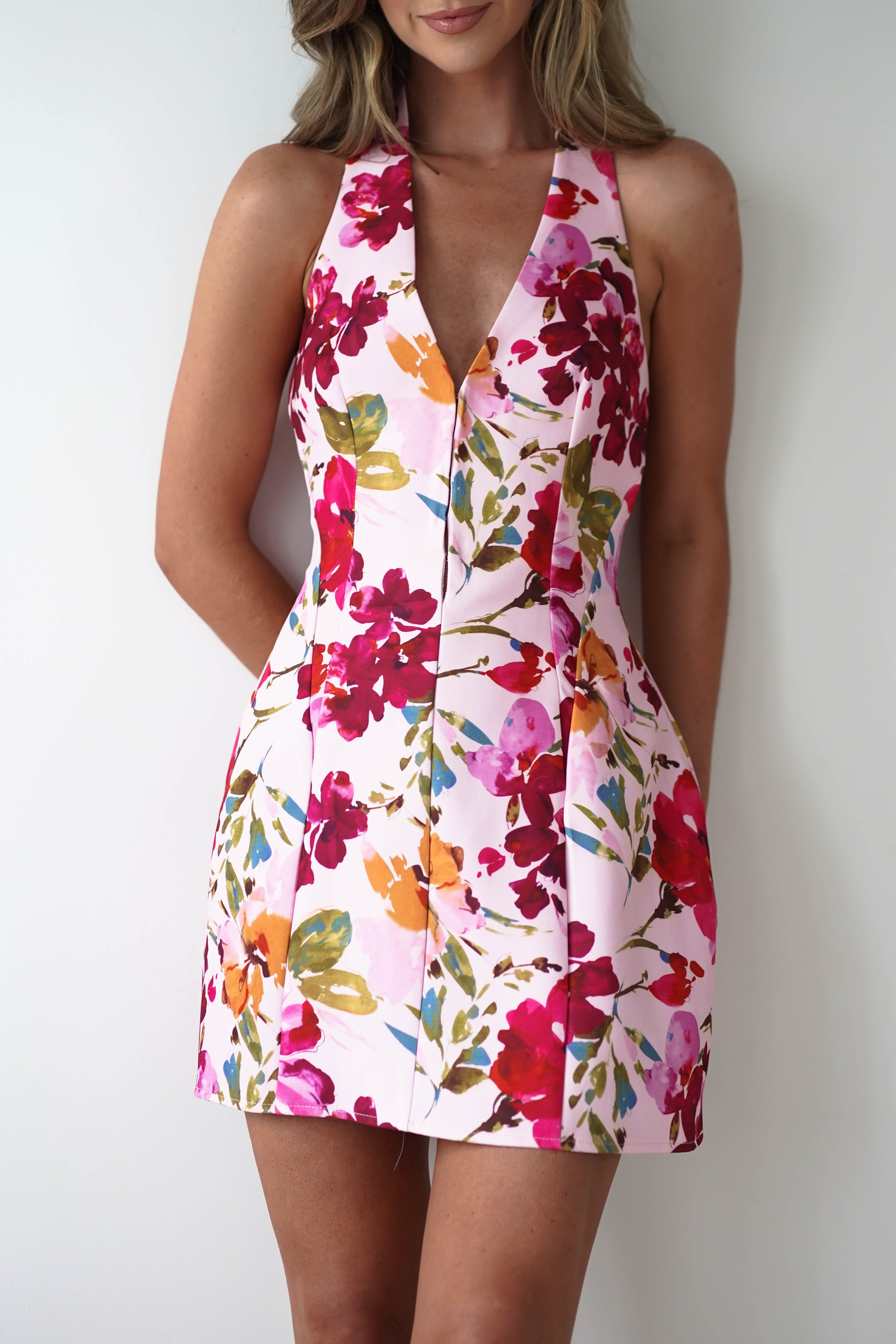 Juliet Halter Neck Floral Mini Dress | Pink | Oh Hello Clothing | XS (6)