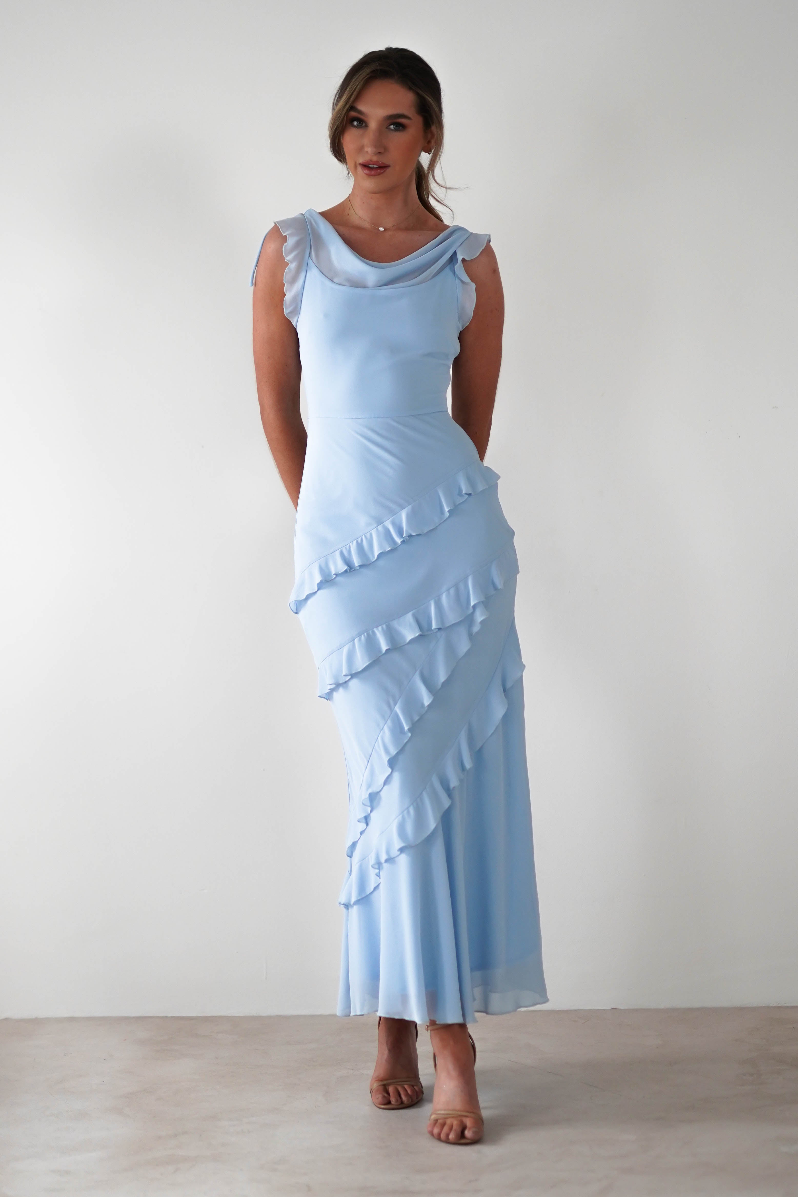 Lauretta Ruffle Chiffon Maxi Dress | Blue | Oh Hello Clothing | XS (6)