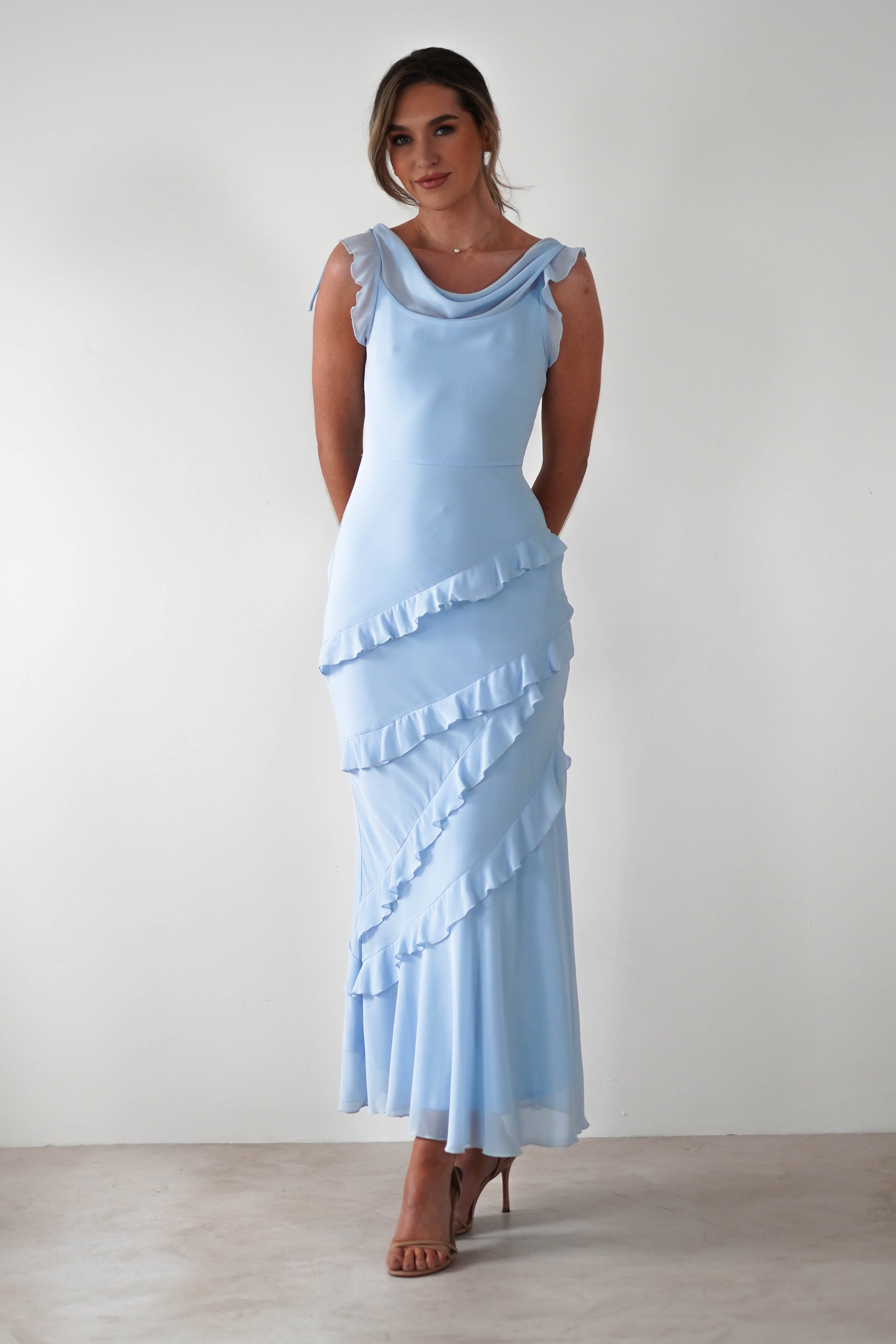 Lauretta Ruffle Chiffon Maxi Dress | Blue | Oh Hello Clothing | XS (6)