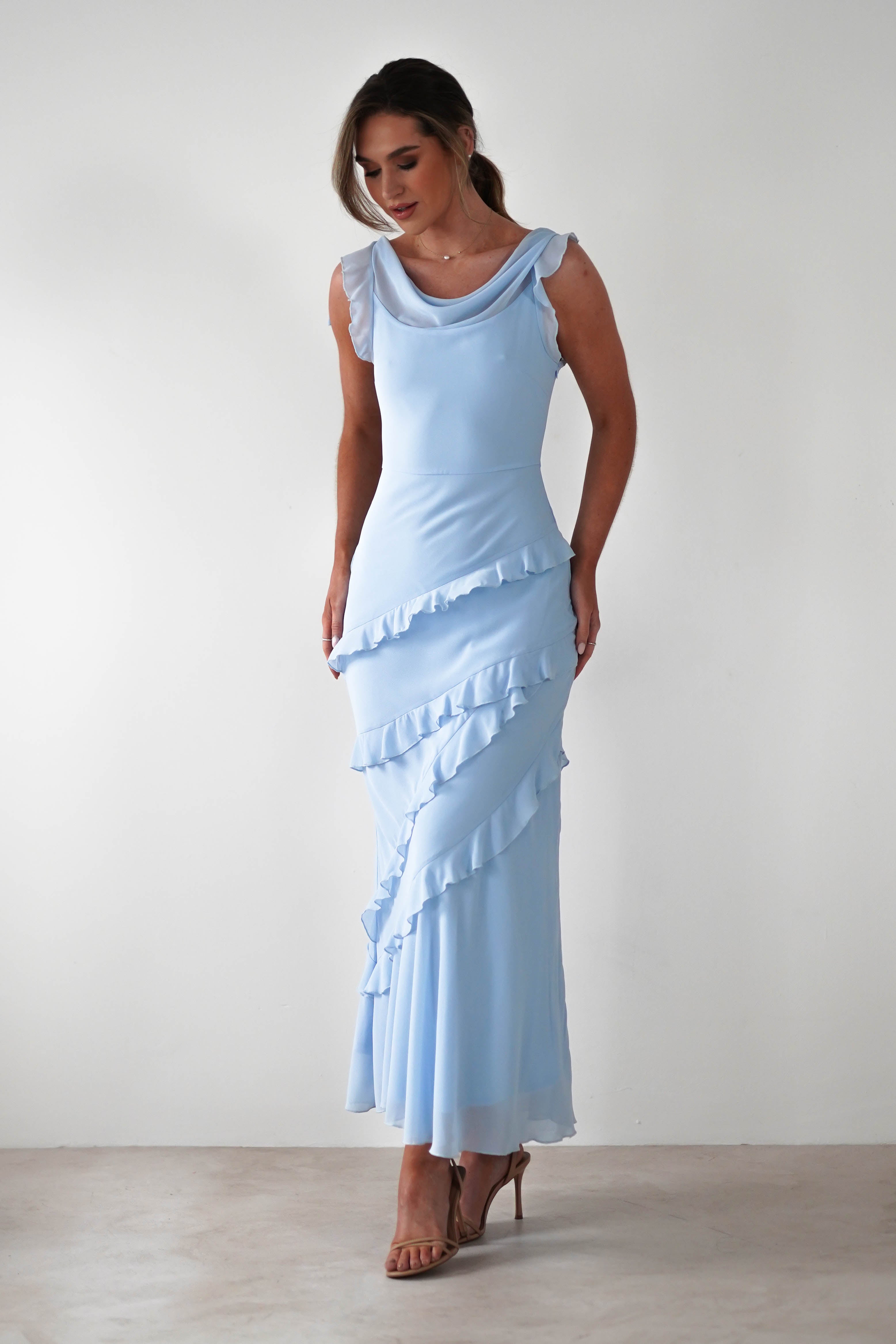 Lauretta Ruffle Chiffon Maxi Dress | Blue | Oh Hello Clothing | XS (6)