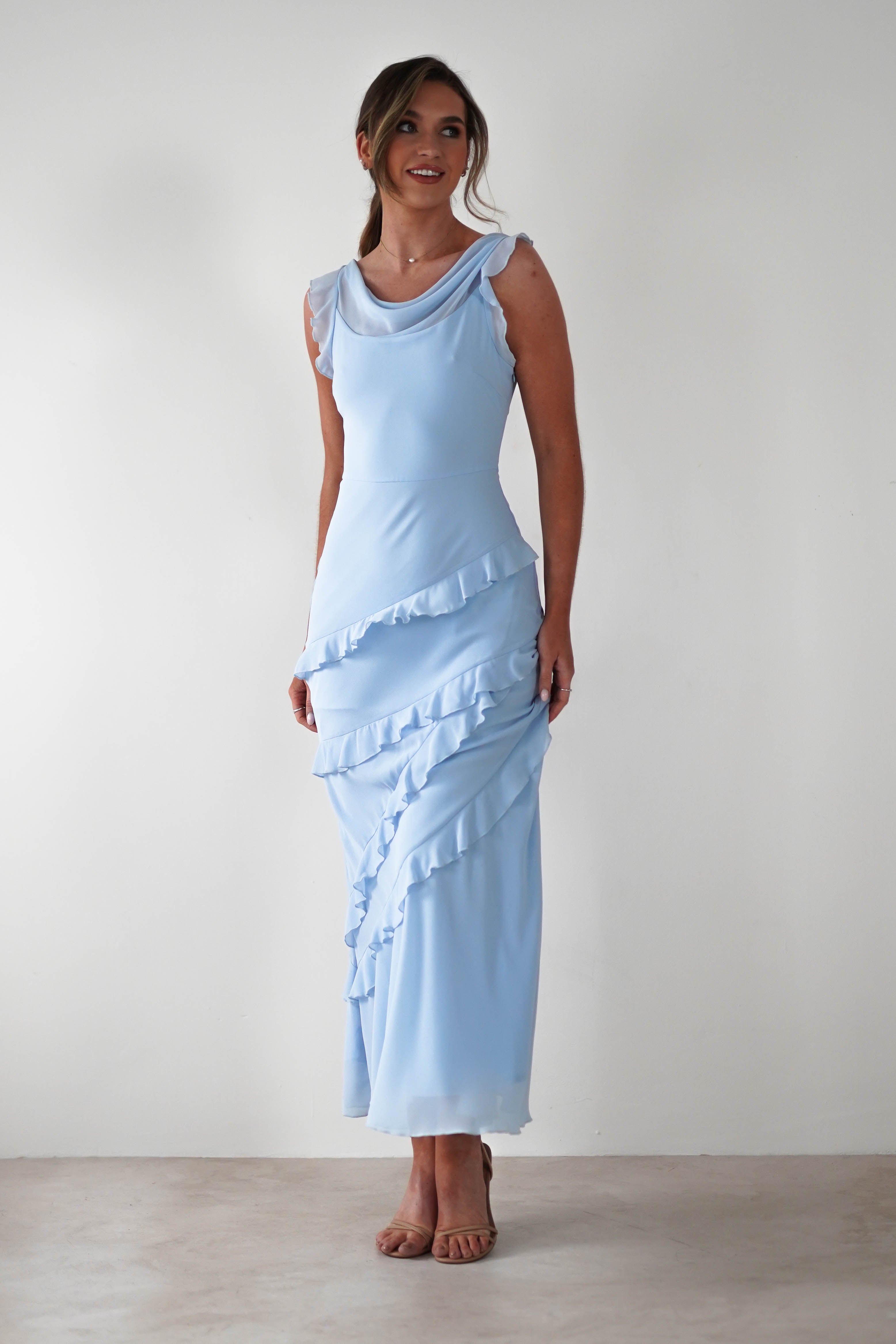 Lauretta Ruffle Chiffon Maxi Dress | Blue | Oh Hello Clothing | XS (6)