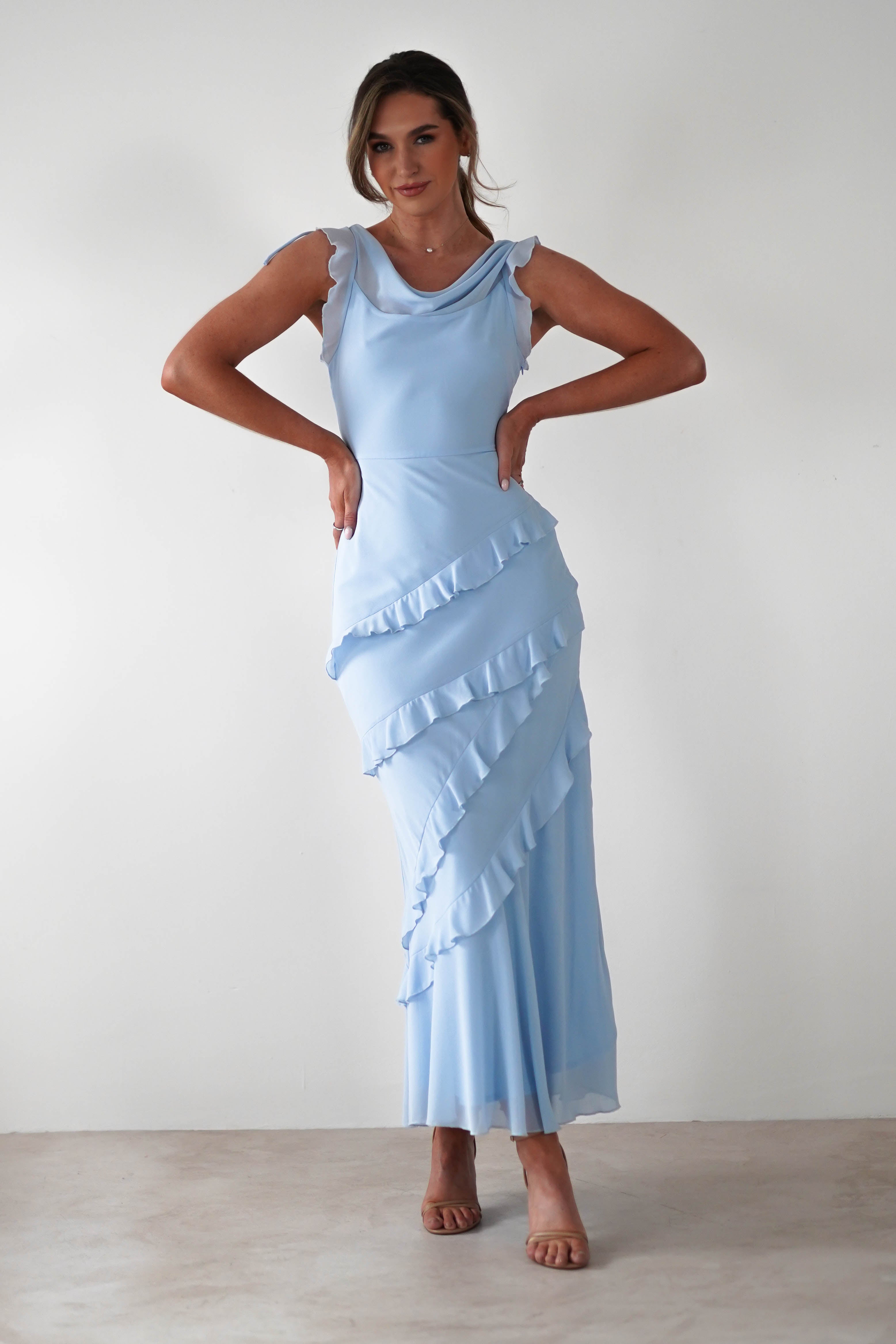Lauretta Ruffle Chiffon Maxi Dress | Blue | Oh Hello Clothing | XS (6)