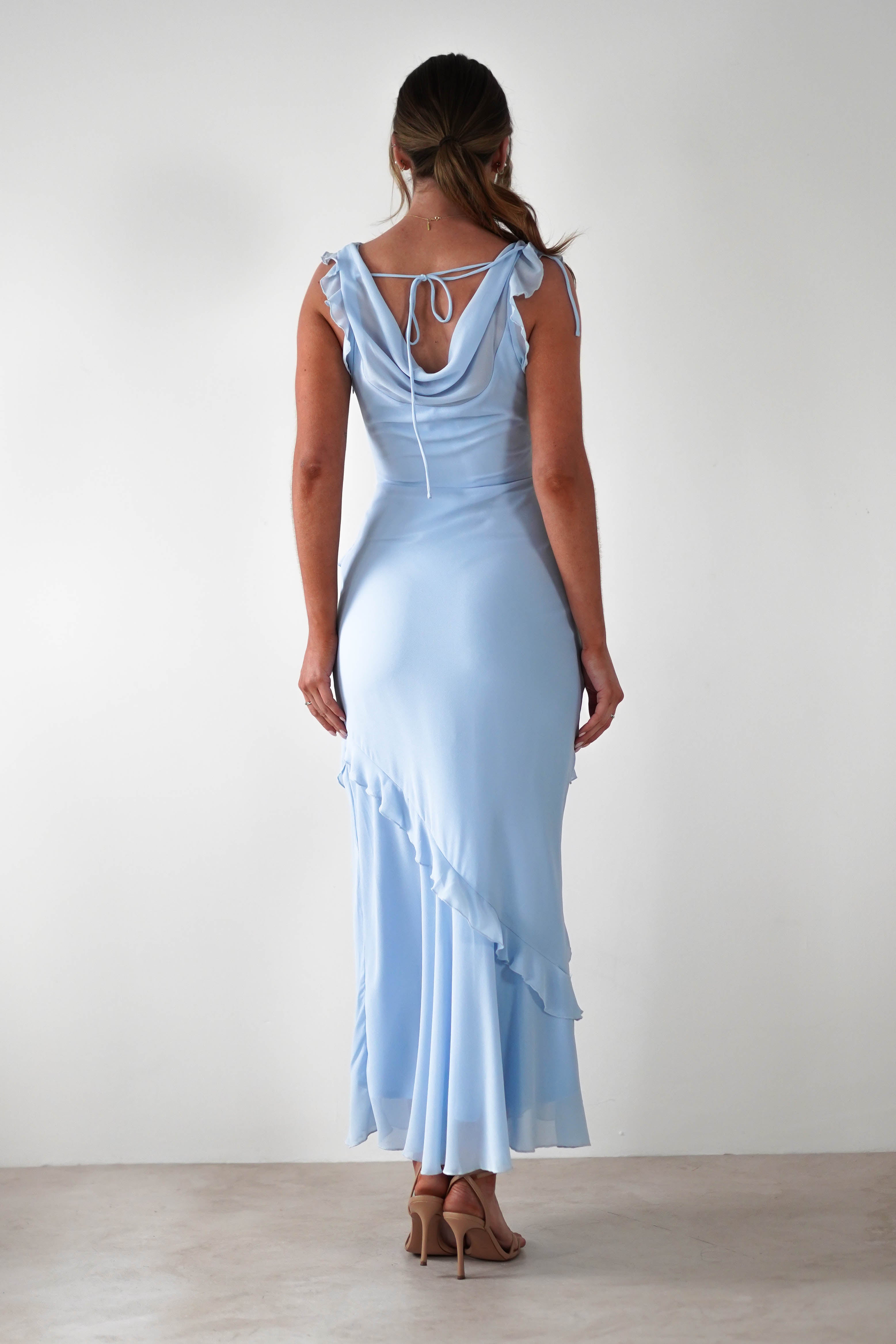 Lauretta Ruffle Chiffon Maxi Dress | Blue | Oh Hello Clothing | XS (6)