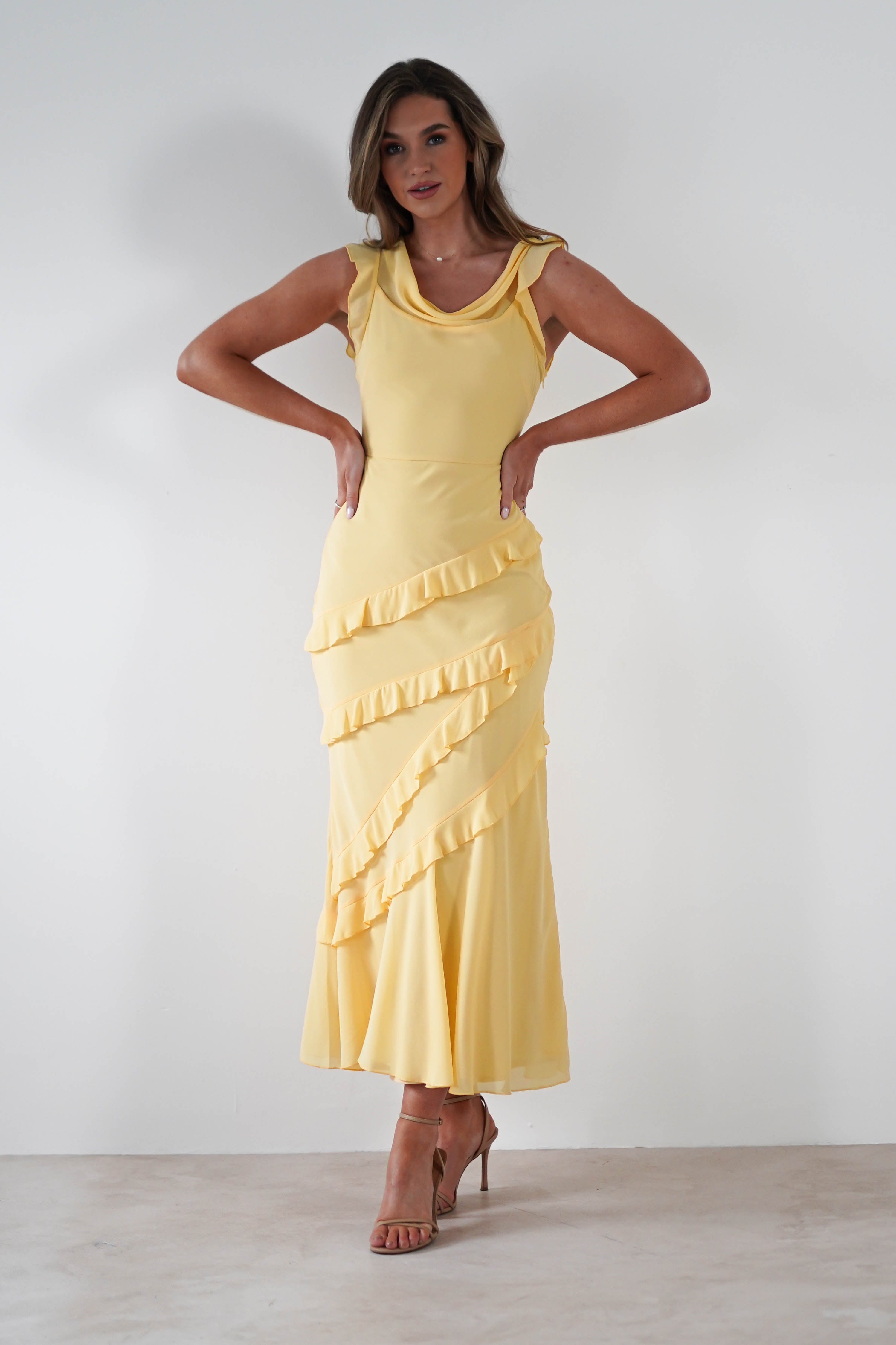 Lauretta Ruffle Chiffon Maxi Dress | Yellow | Oh Hello Clothing | XS (6)