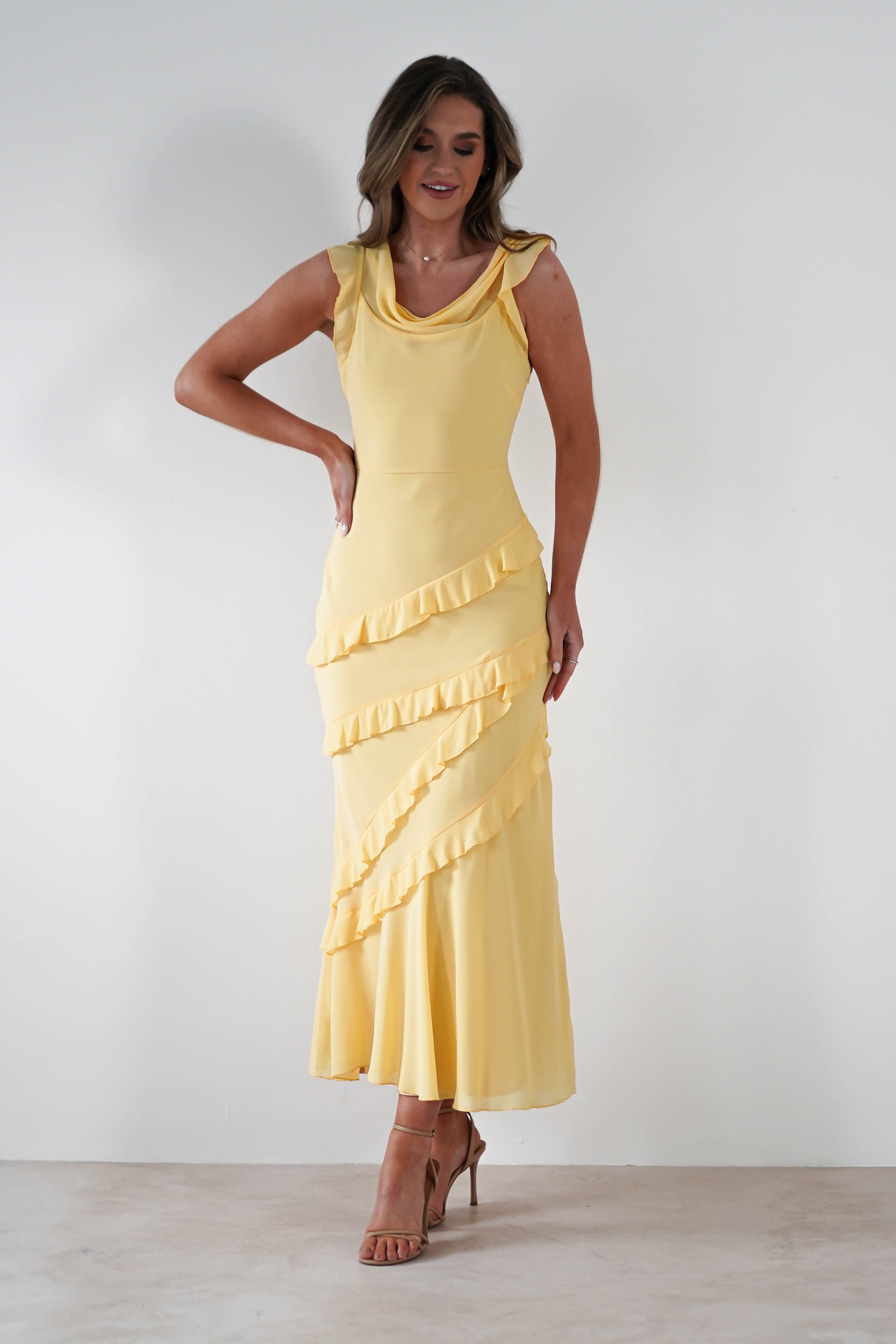Lauretta Ruffle Chiffon Maxi Dress | Yellow | Oh Hello Clothing | XS (6)