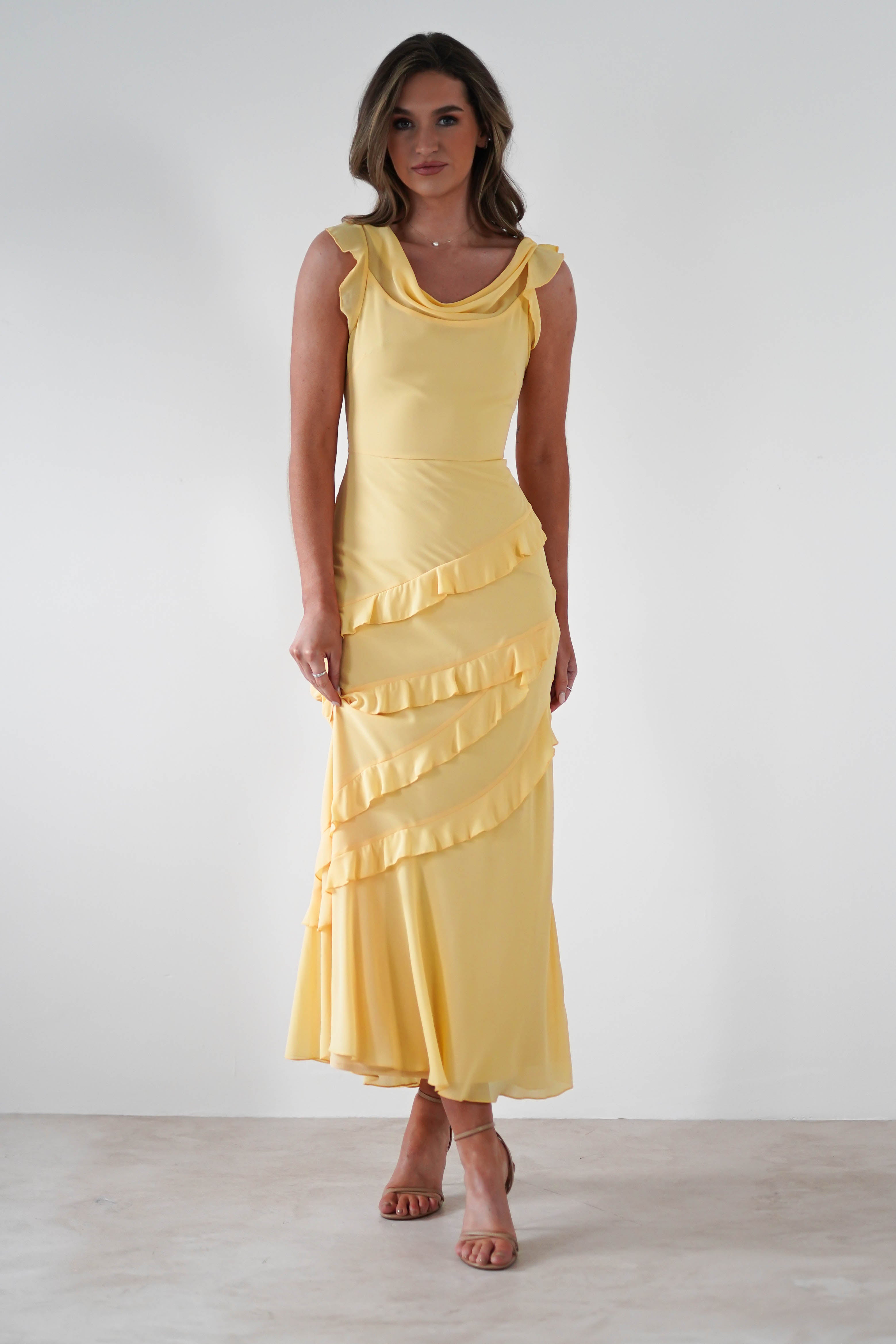 Lauretta Ruffle Chiffon Maxi Dress | Yellow | Oh Hello Clothing | XS (6)