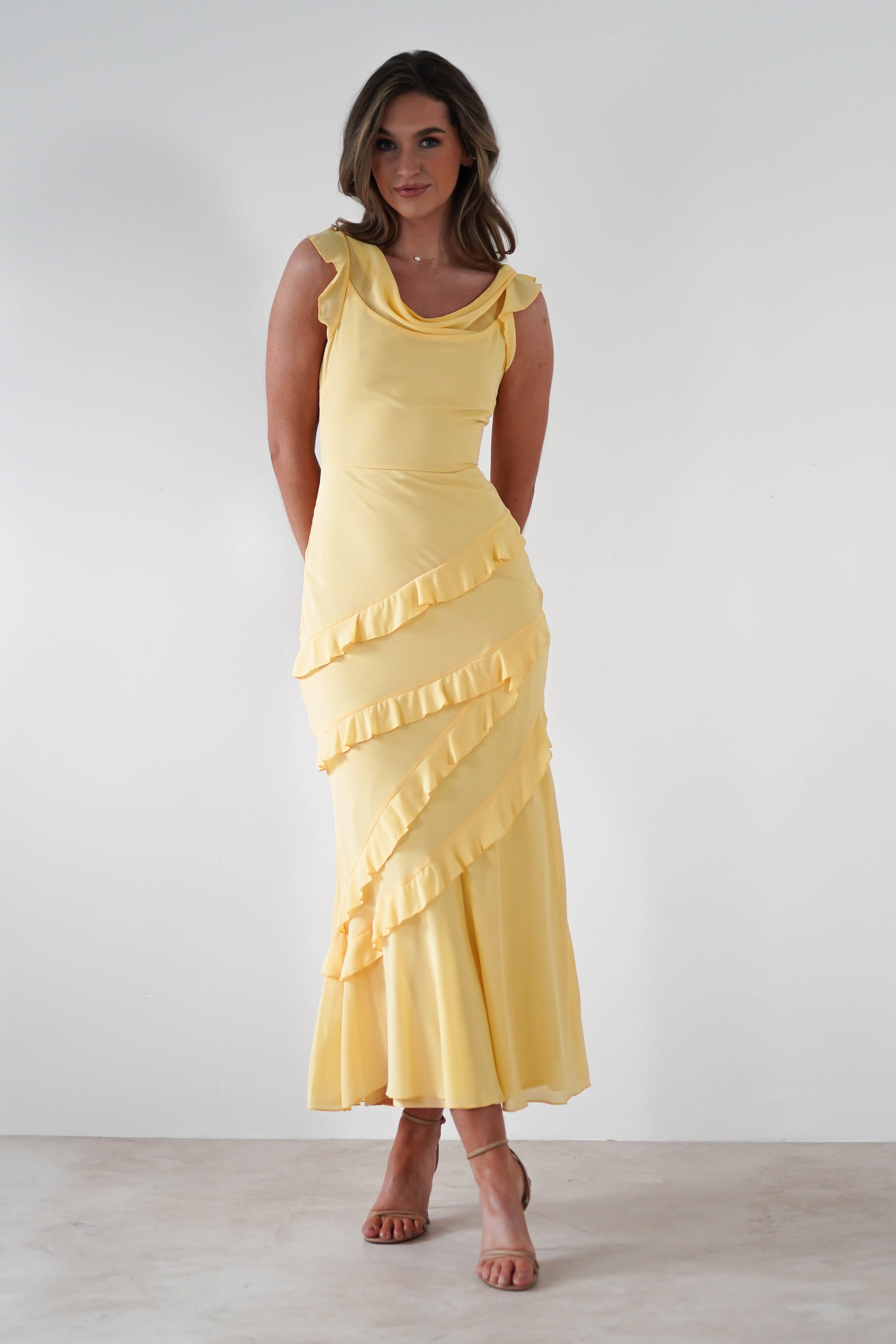 Lauretta Ruffle Chiffon Maxi Dress | Yellow | Oh Hello Clothing | XS (6)