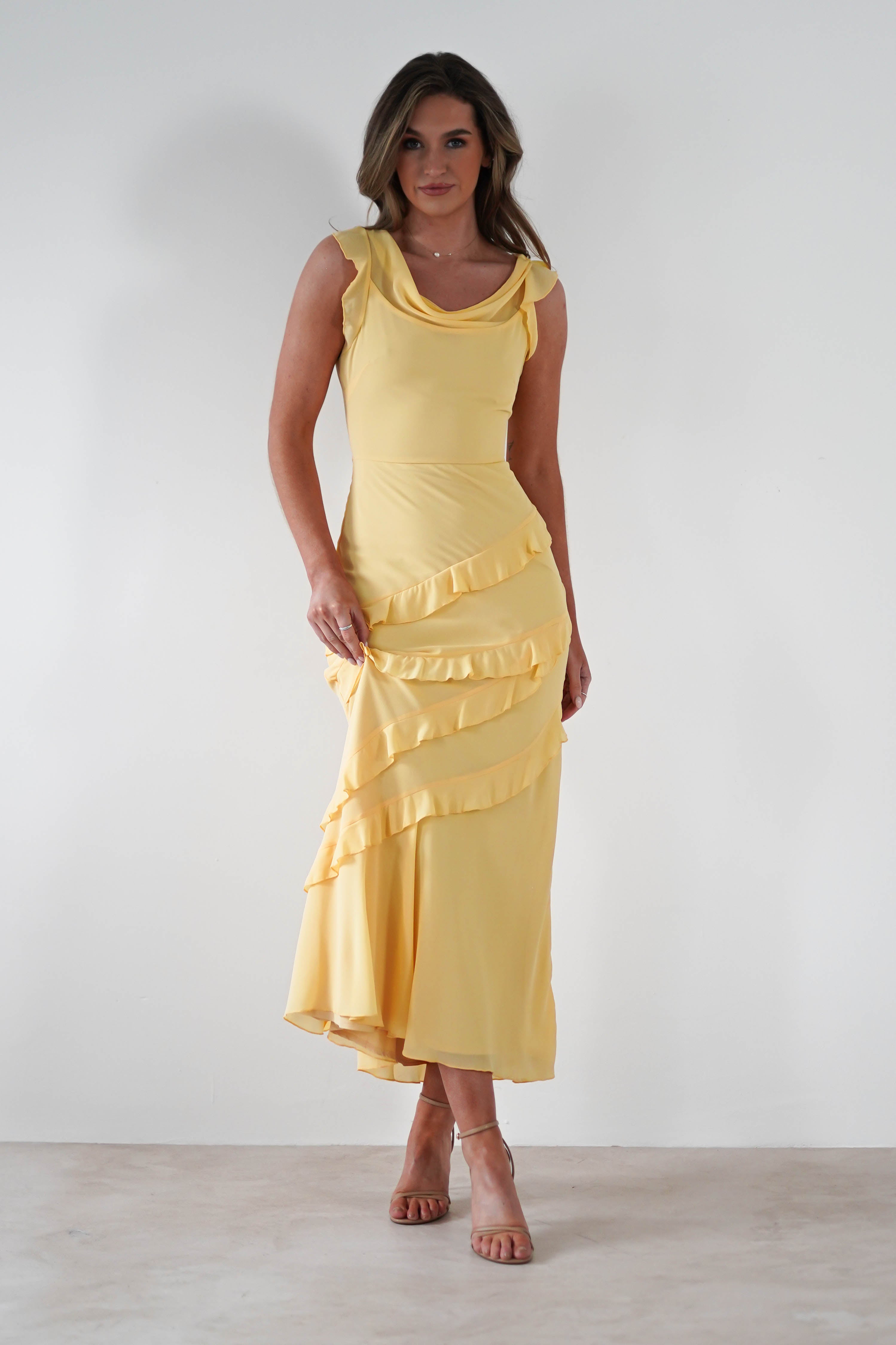 Lauretta Ruffle Chiffon Maxi Dress | Yellow | Oh Hello Clothing | XS (6)