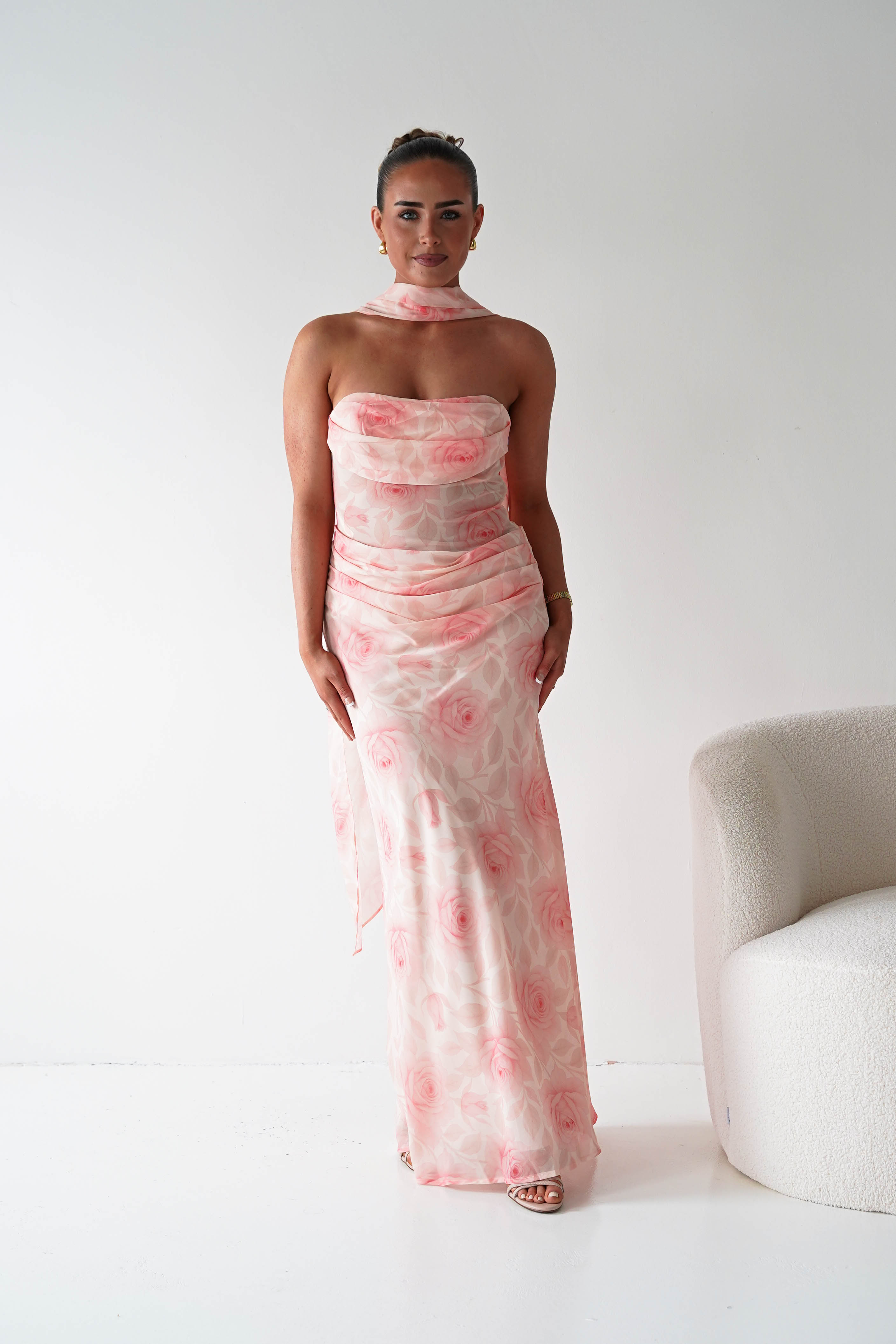 Oh Hello Clothing Women > Clothing > Dresses 1*DONE-BR0534J01-Floral Draped Strapless Maxi Dress with Scarf