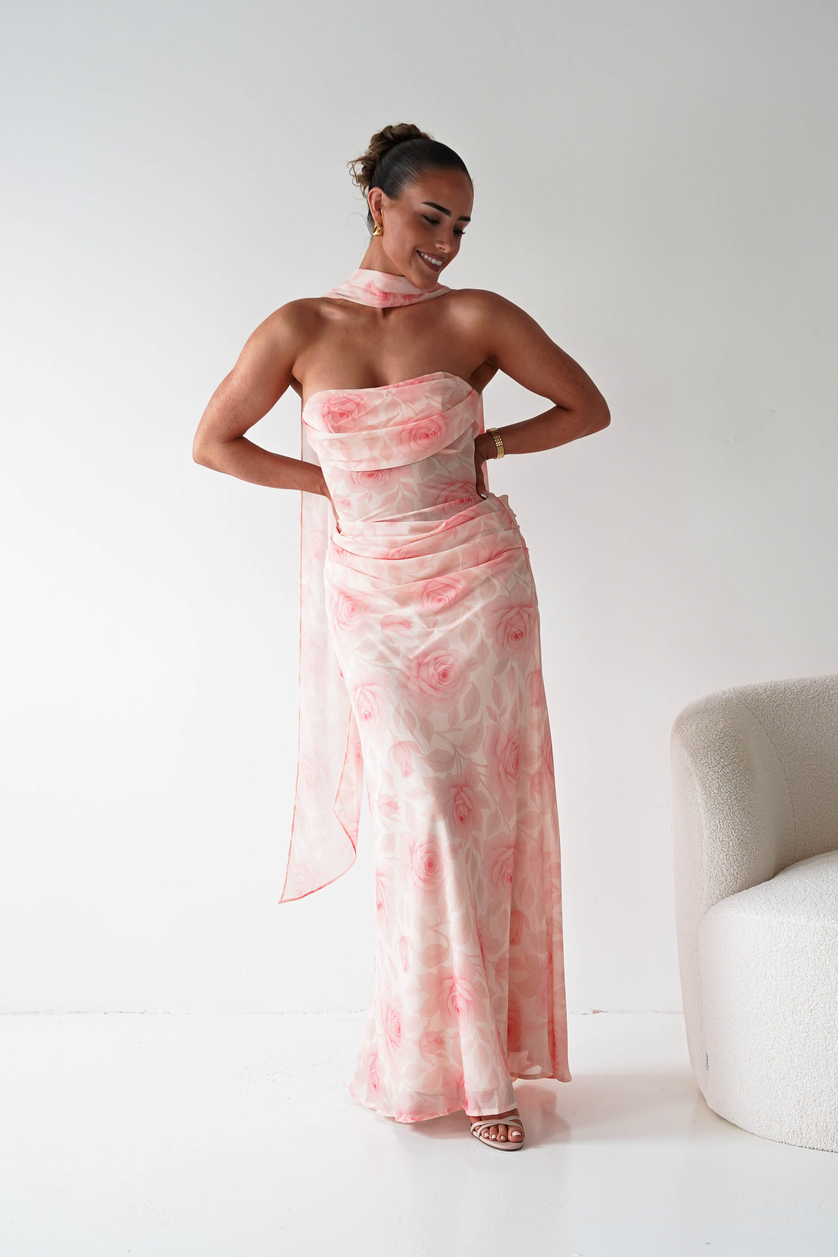 Oh Hello Clothing Women > Clothing > Dresses 1*DONE-BR0534J01-Floral Draped Strapless Maxi Dress with Scarf
