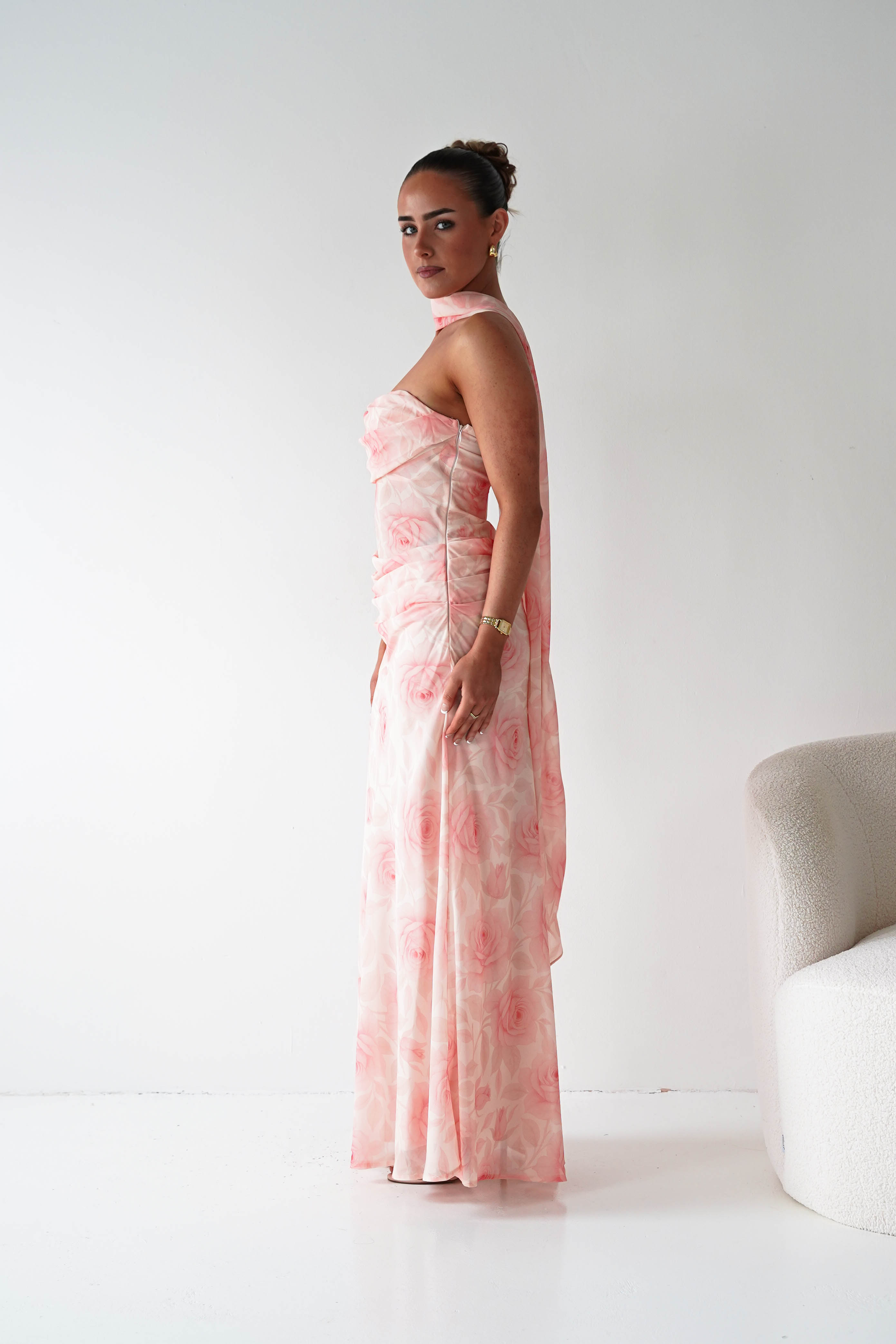Oh Hello Clothing Women > Clothing > Dresses 1*DONE-BR0534J01-Floral Draped Strapless Maxi Dress with Scarf