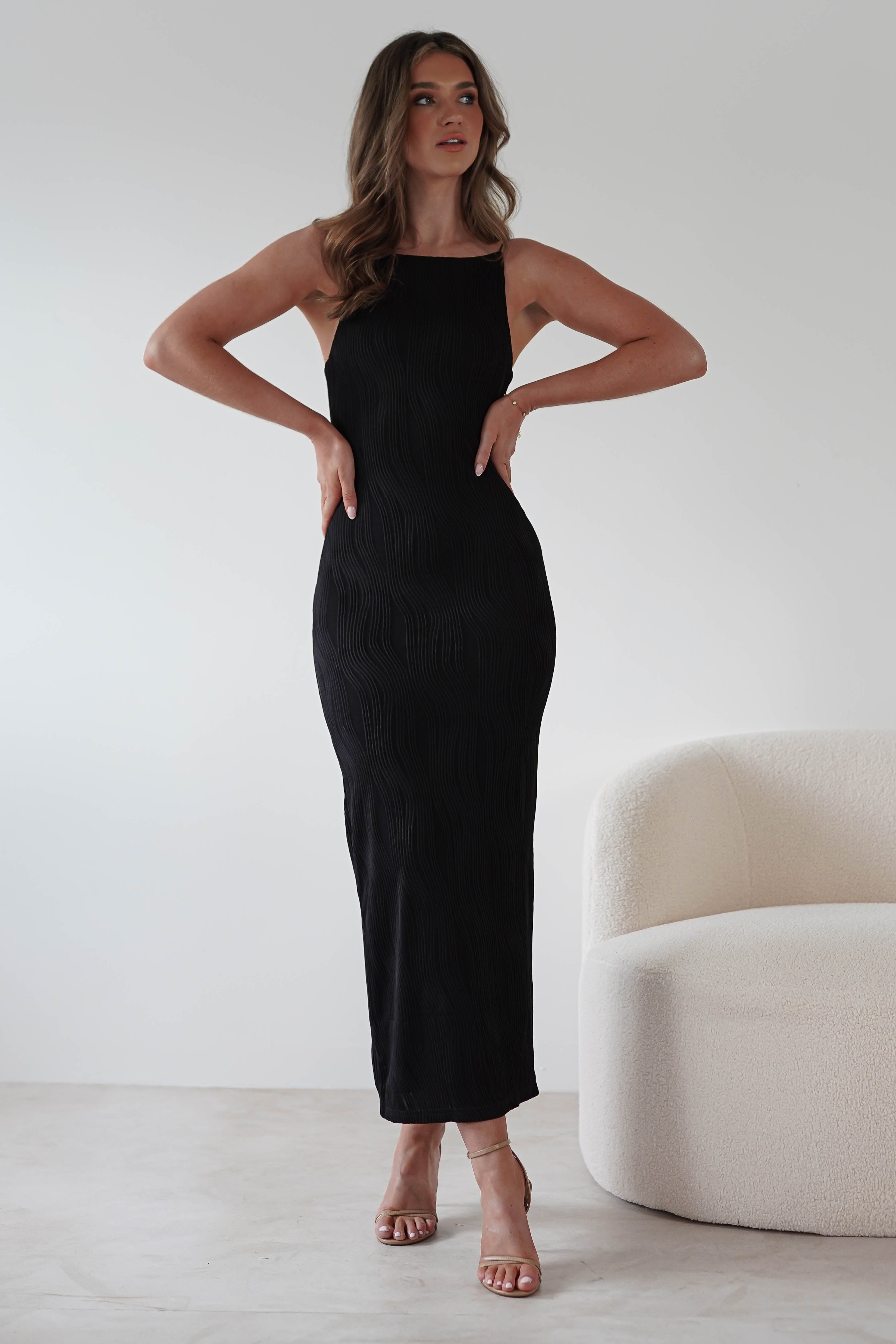 Brighton Textured Bodycon Midaxi Dress | Black | Oh Hello Clothing | XS (6)
