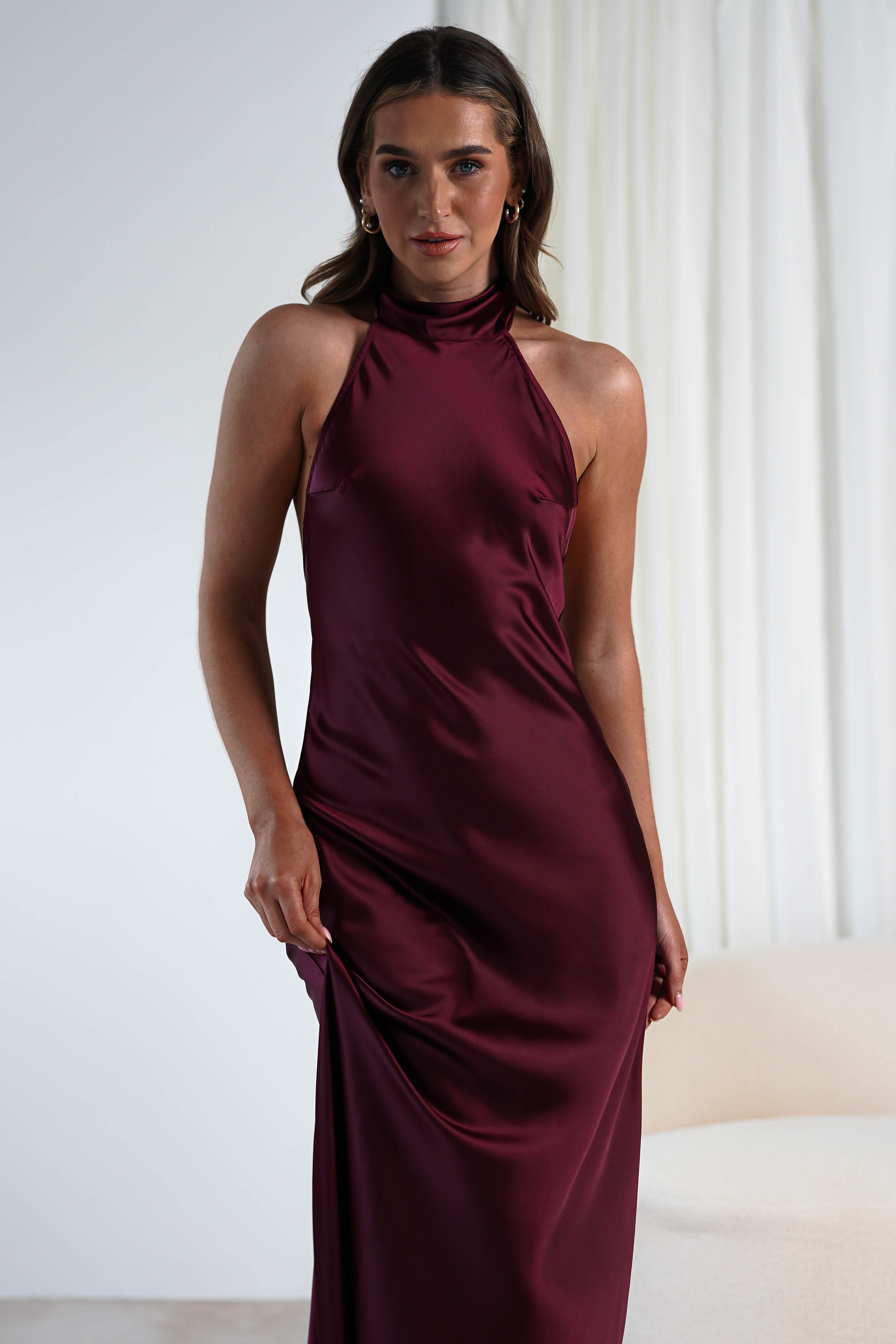 Dolce Soft Satin Halterneck Maxi Dress | Wine | Oh Hello Clothing | S (8)