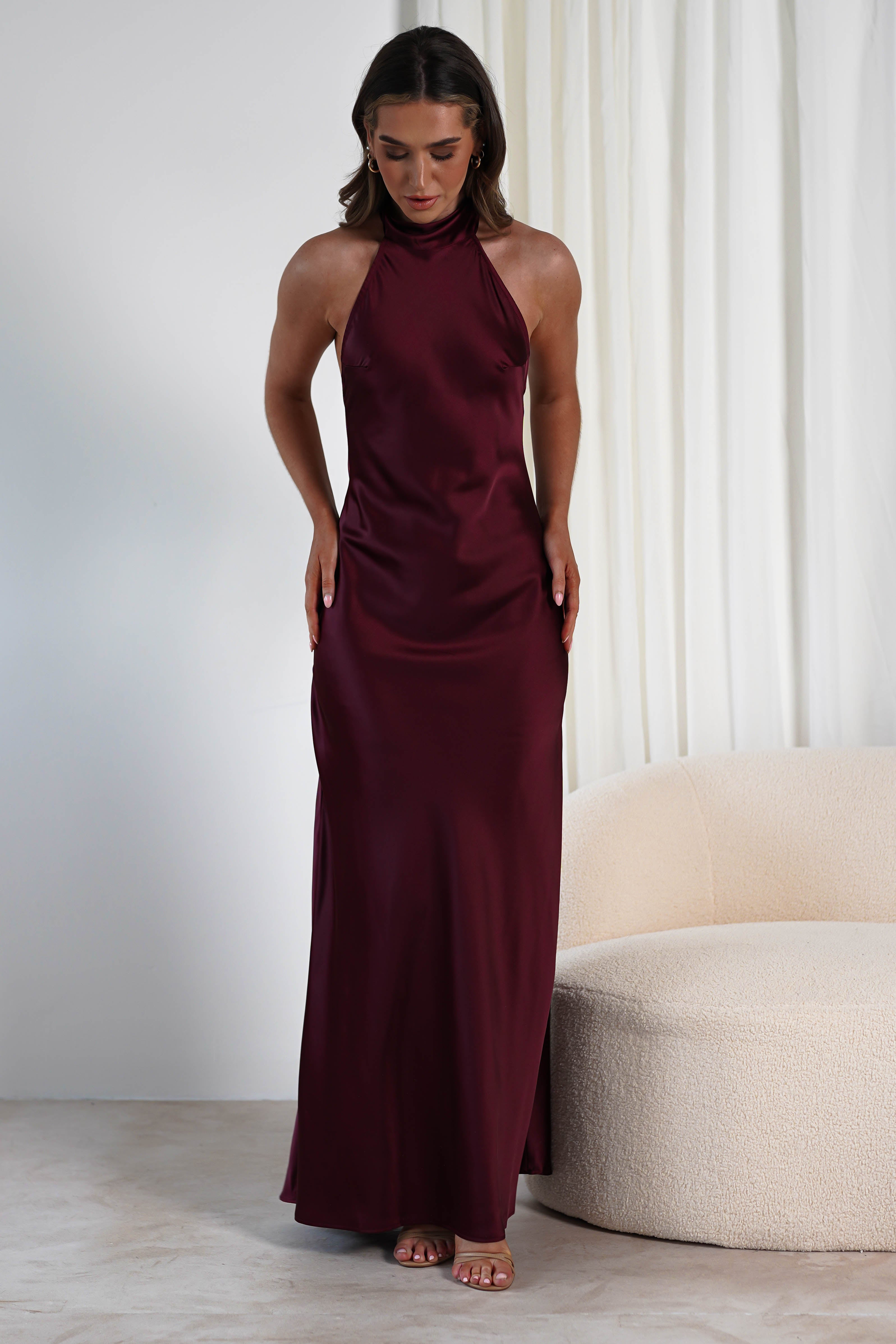 Dolce Soft Satin Halterneck Maxi Dress | Wine | Oh Hello Clothing | S (8)