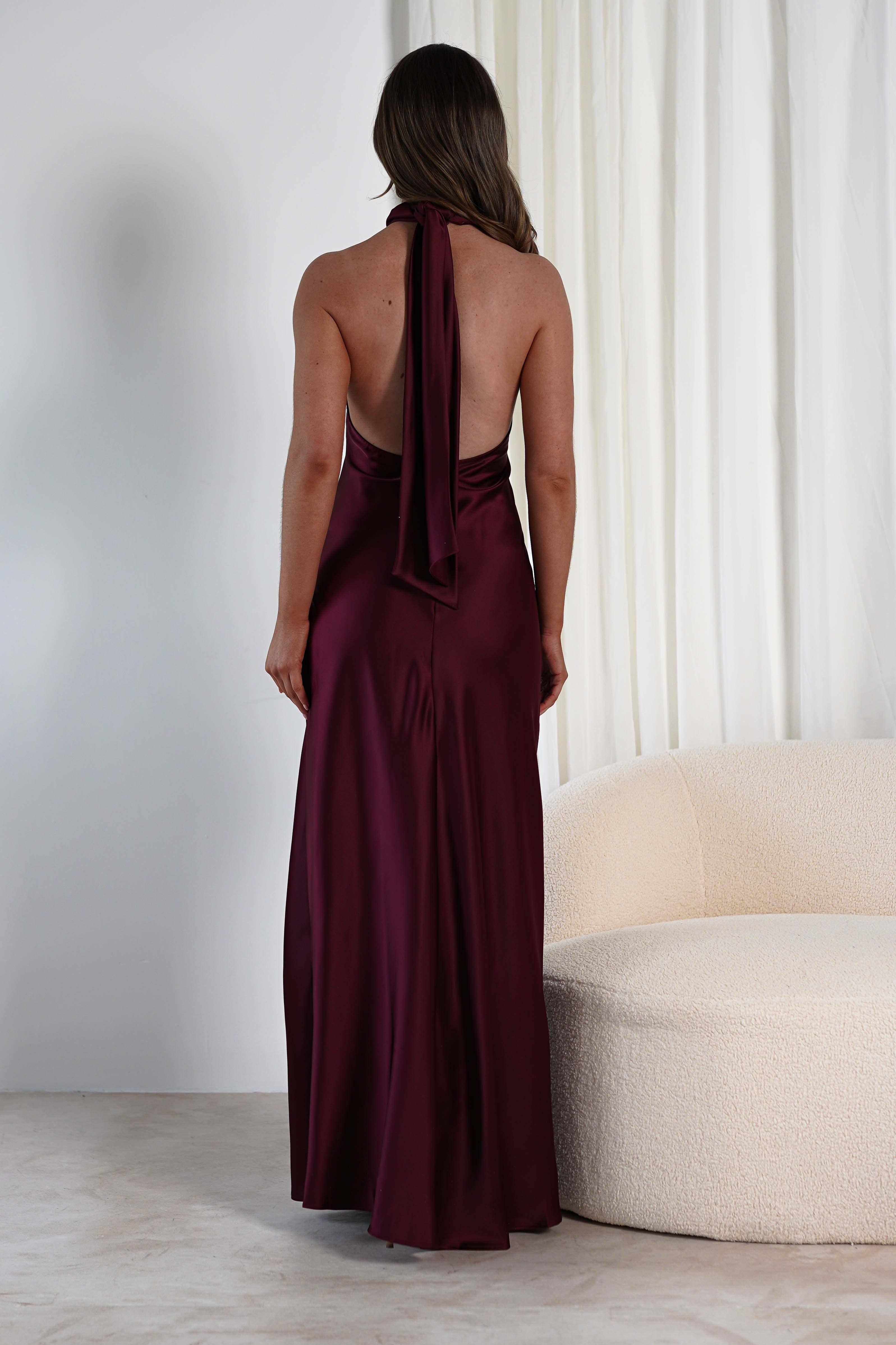 Dolce Soft Satin Halterneck Maxi Dress | Wine | Oh Hello Clothing | S (8)