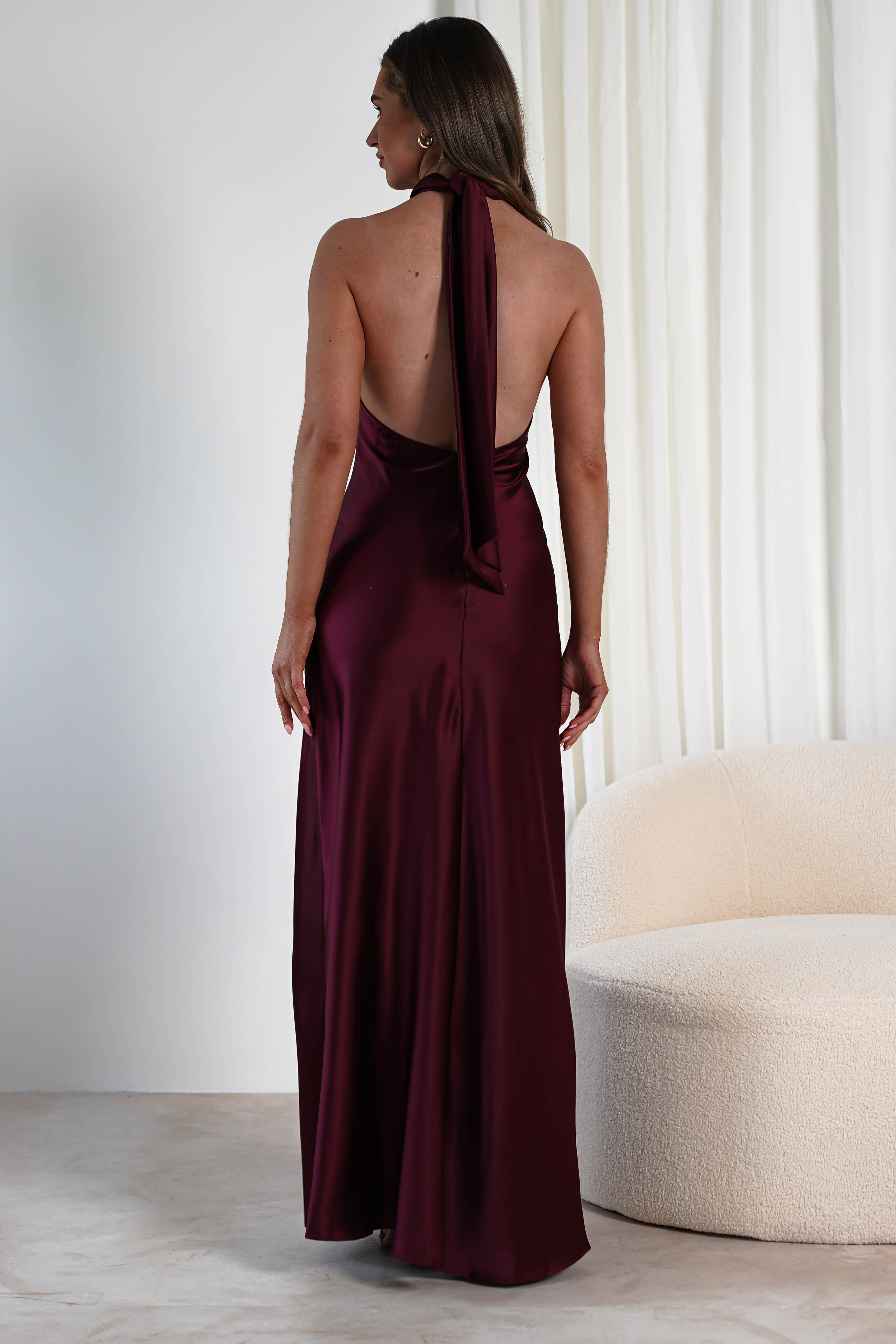 Dolce Soft Satin Halterneck Maxi Dress | Wine | Oh Hello Clothing | S (8)