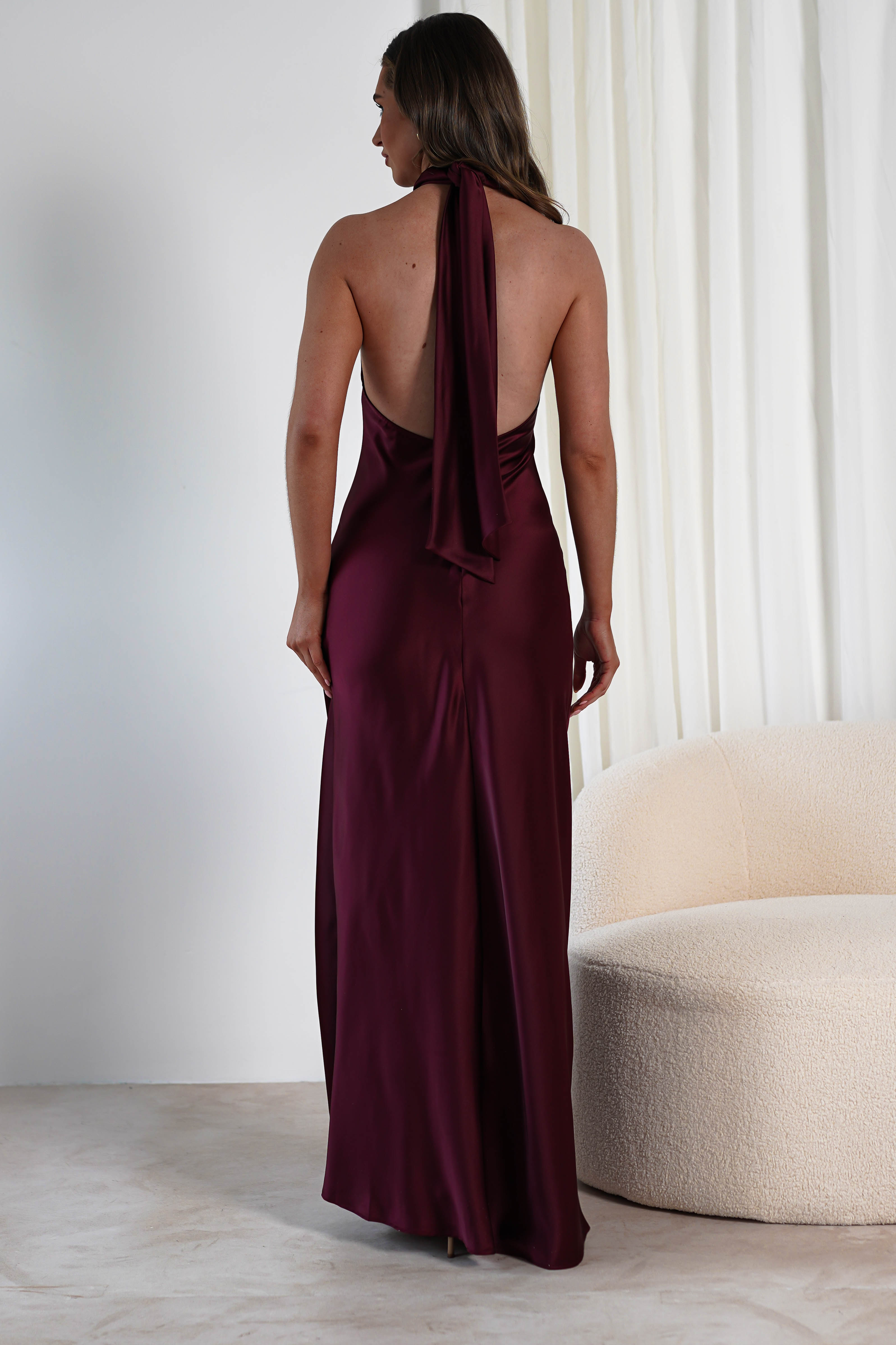 Dolce Soft Satin Halterneck Maxi Dress | Wine | Oh Hello Clothing | S (8)