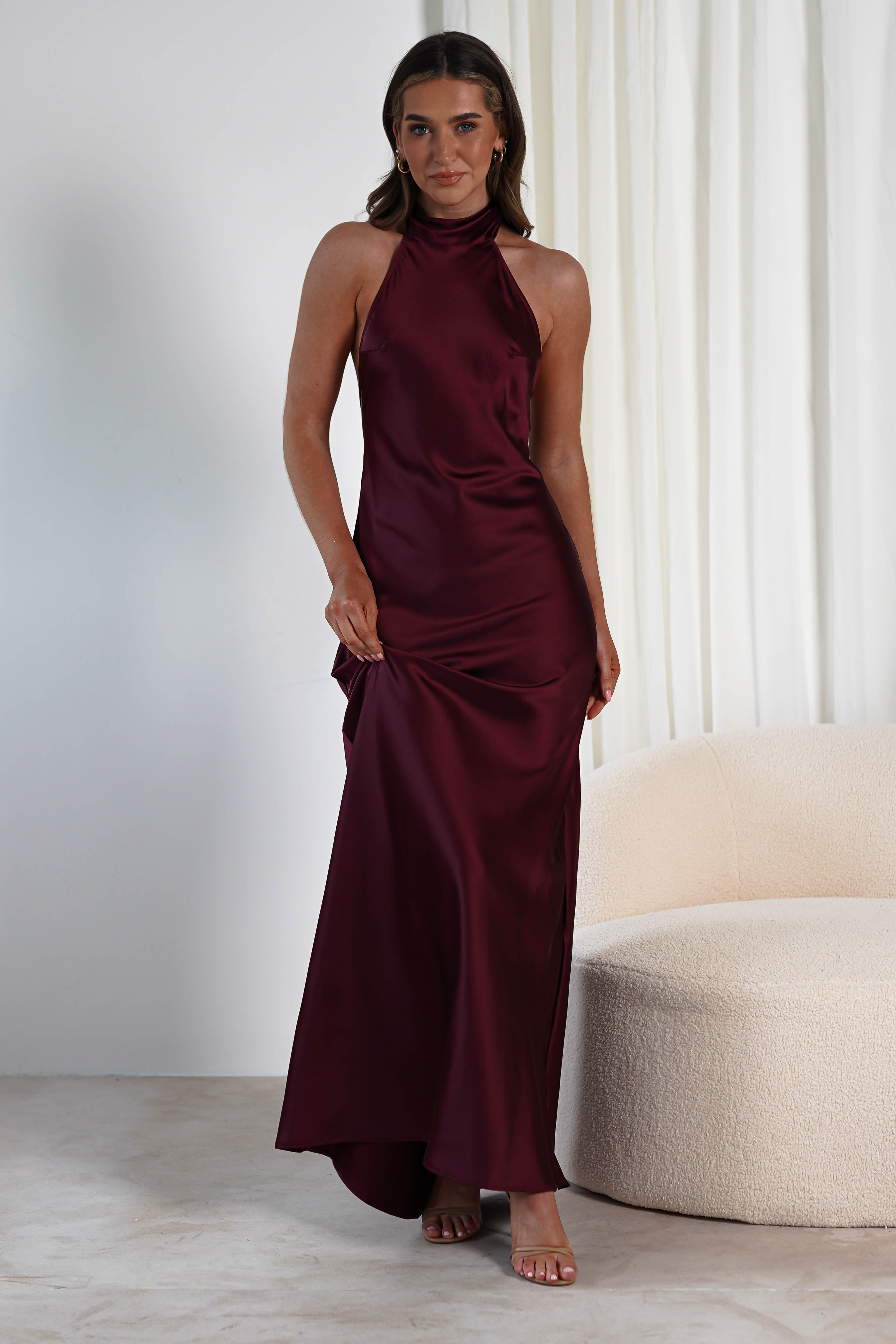 Dolce Soft Satin Halterneck Maxi Dress | Wine | Oh Hello Clothing | S (8)