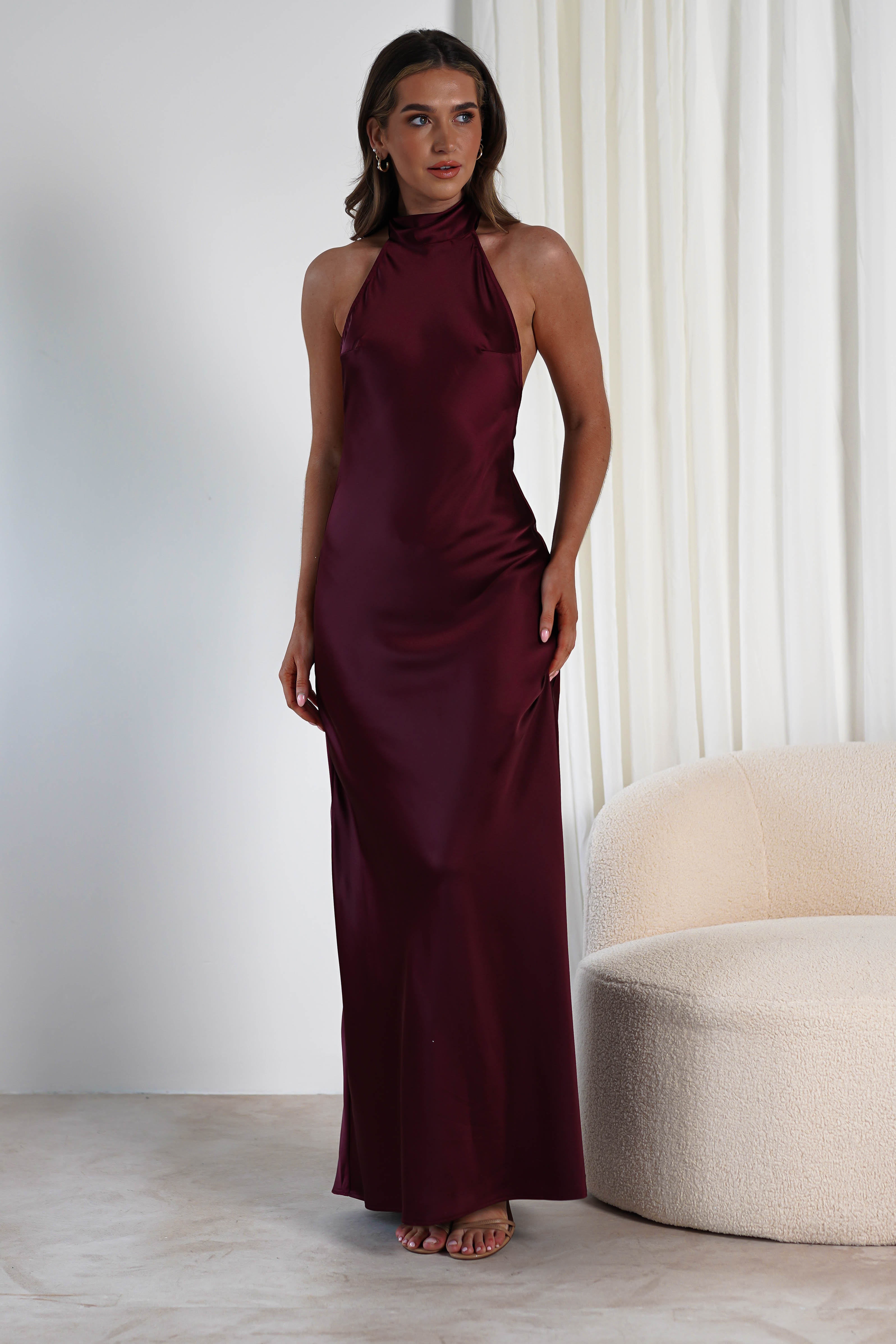 Dolce Soft Satin Halterneck Maxi Dress | Wine | Oh Hello Clothing | S (8)