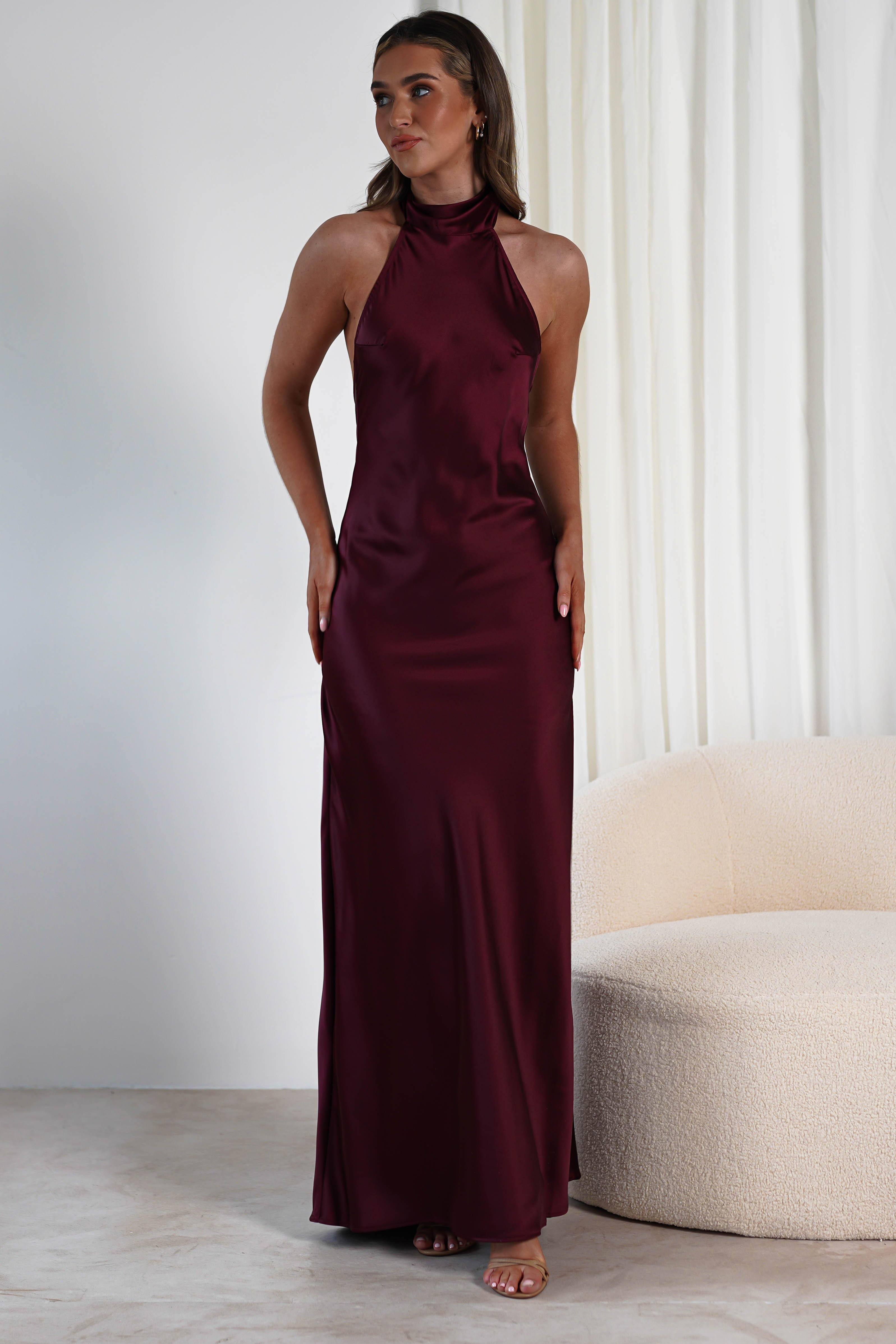 Dolce Soft Satin Halterneck Maxi Dress | Wine | Oh Hello Clothing | S (8)