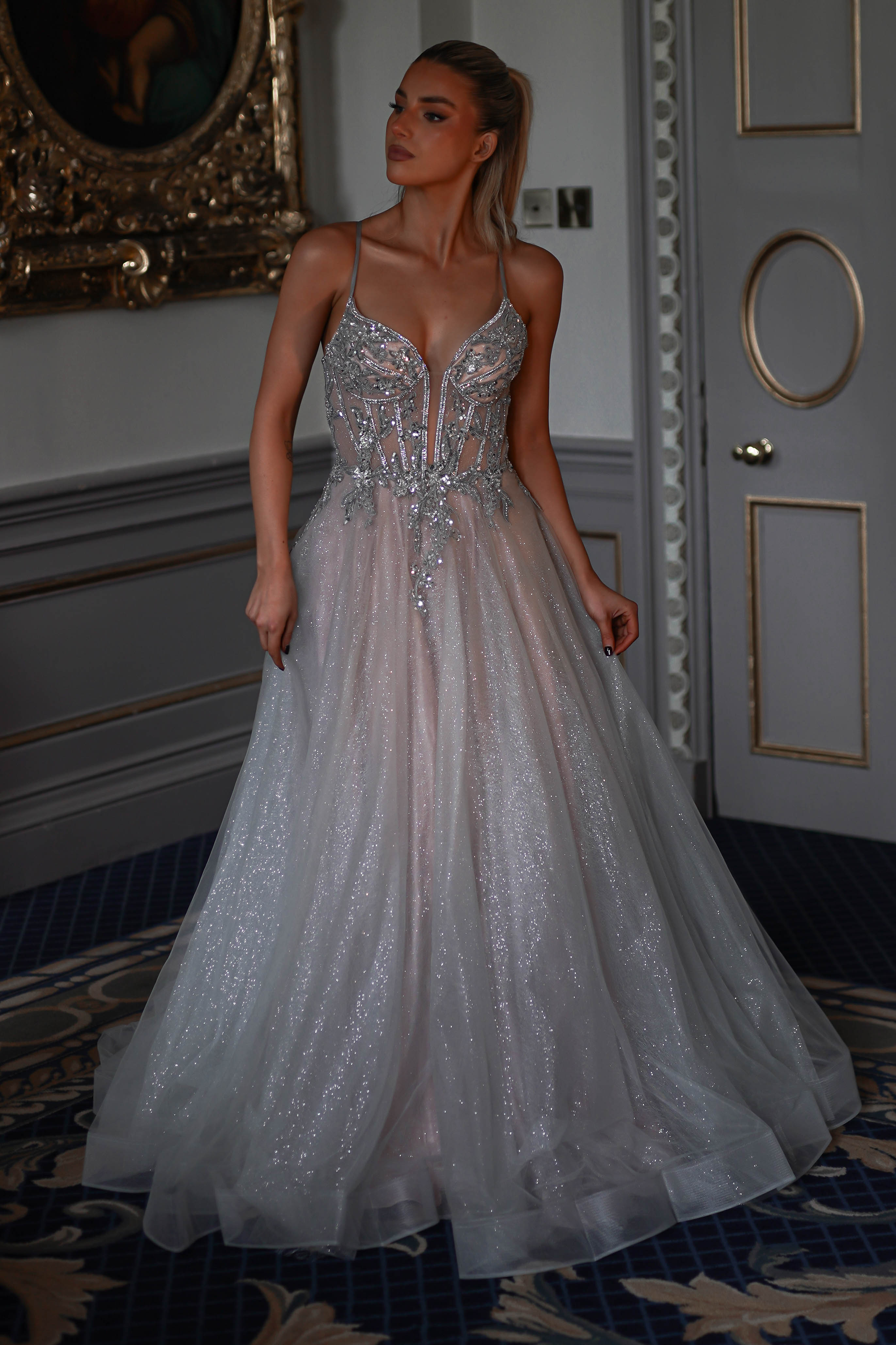 Shyla Glitter Princess Gown | Silver/Nude | Oh Hello Clothing | XS (6)