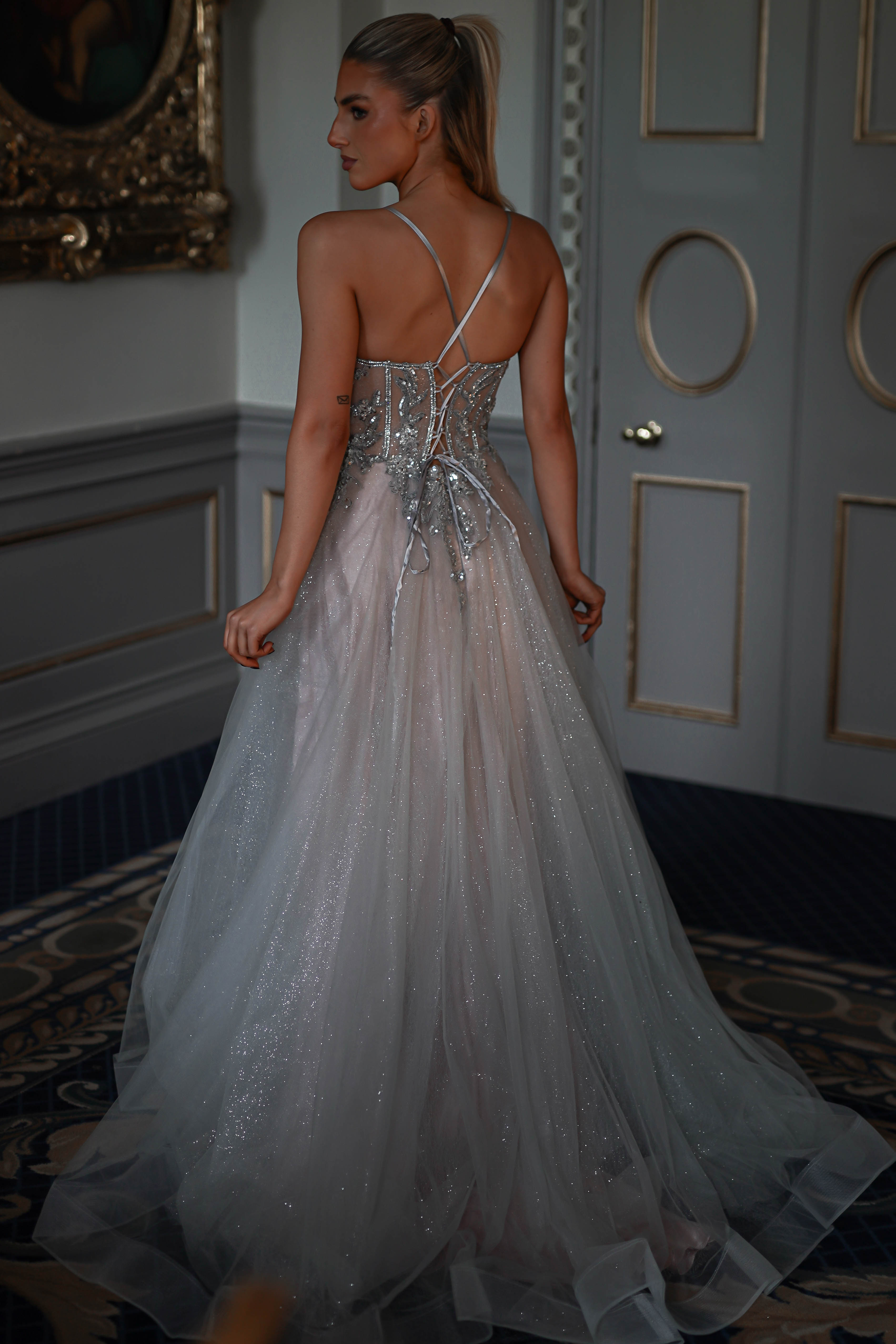 Shyla Glitter Princess Gown | Silver/Nude | Oh Hello Clothing | XS (6)